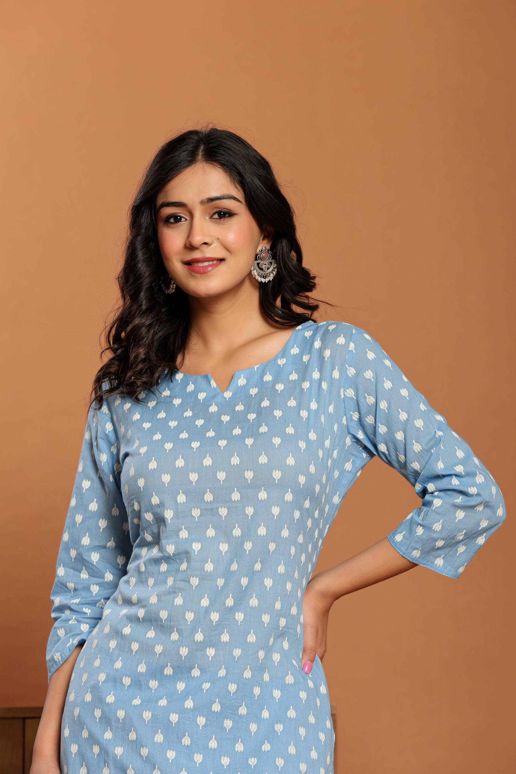 Sky Blue Printed Cotton Kurta Set - qivii