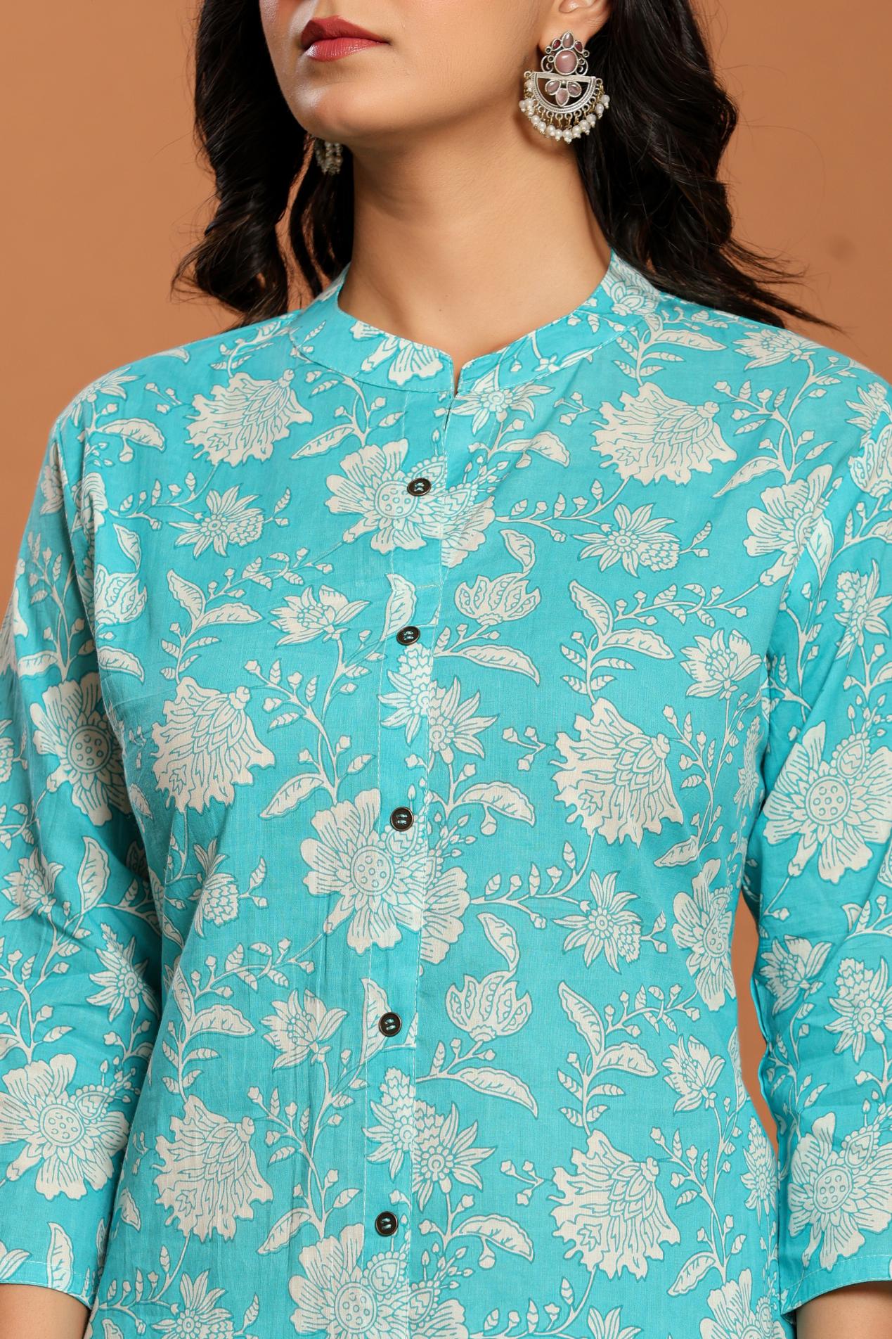 Blue Printed Cotton Kurta Set - qivii