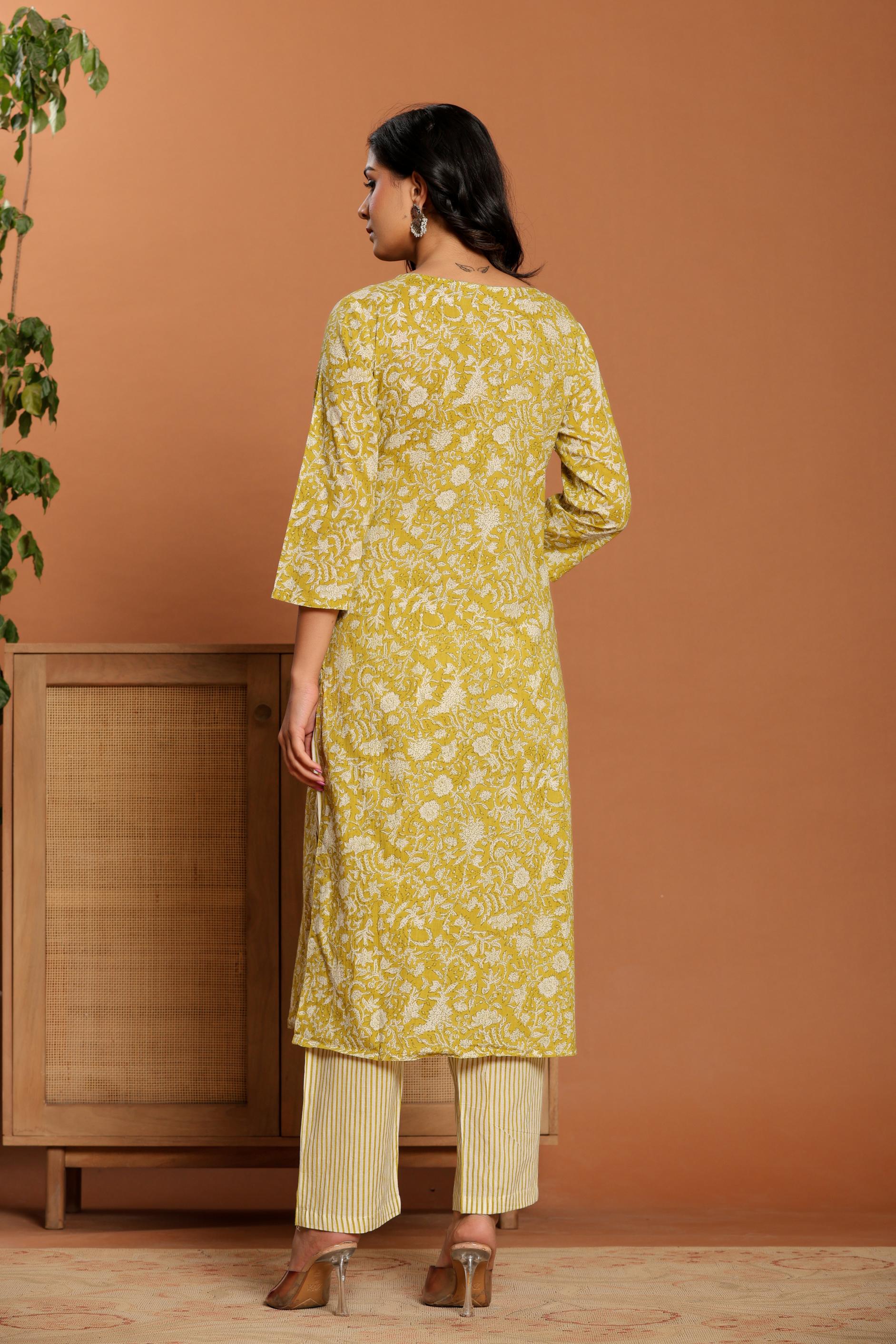 Green Printed Cotton Kurta Set - qivii