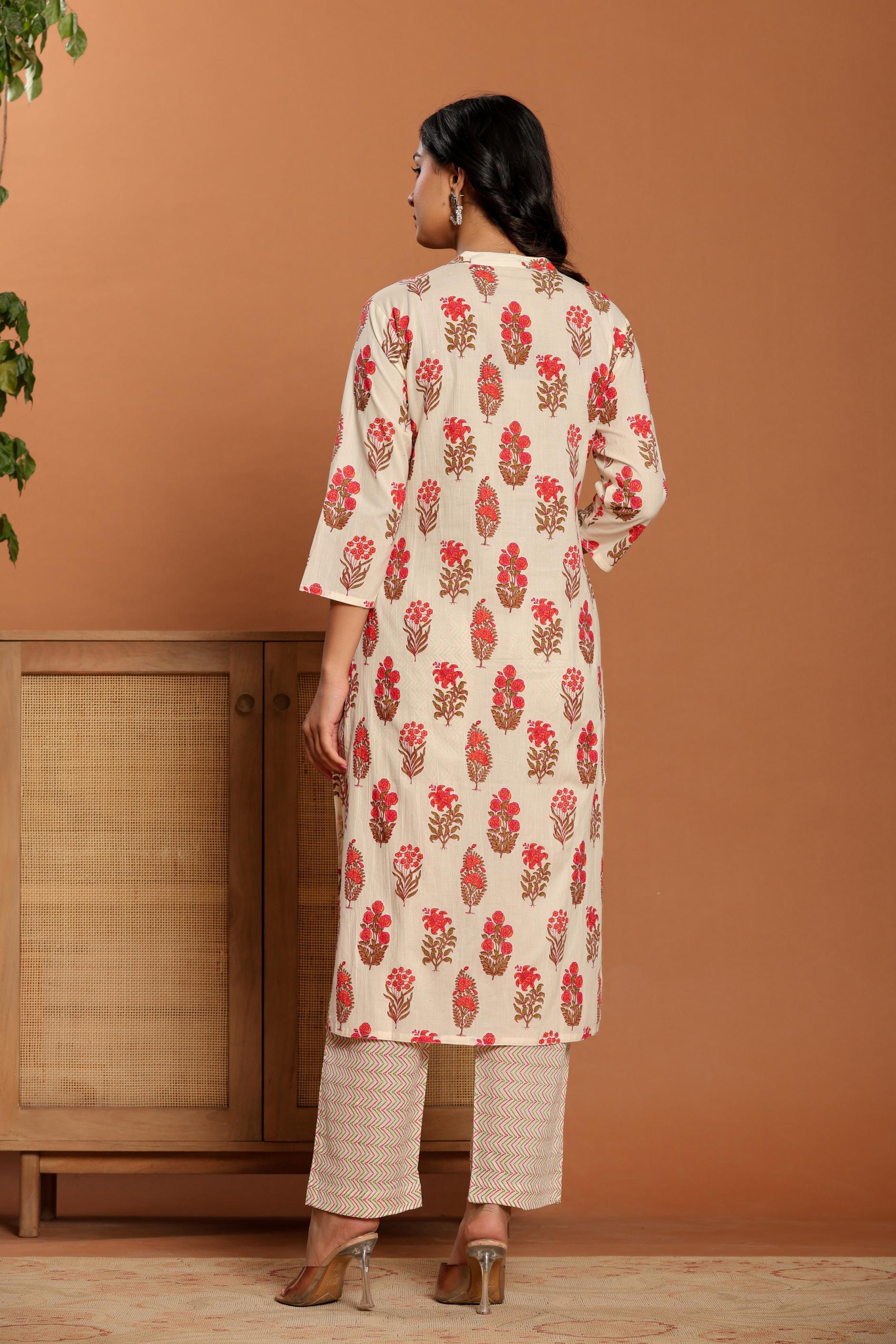 White Printed Cotton Kurta Set - qivii