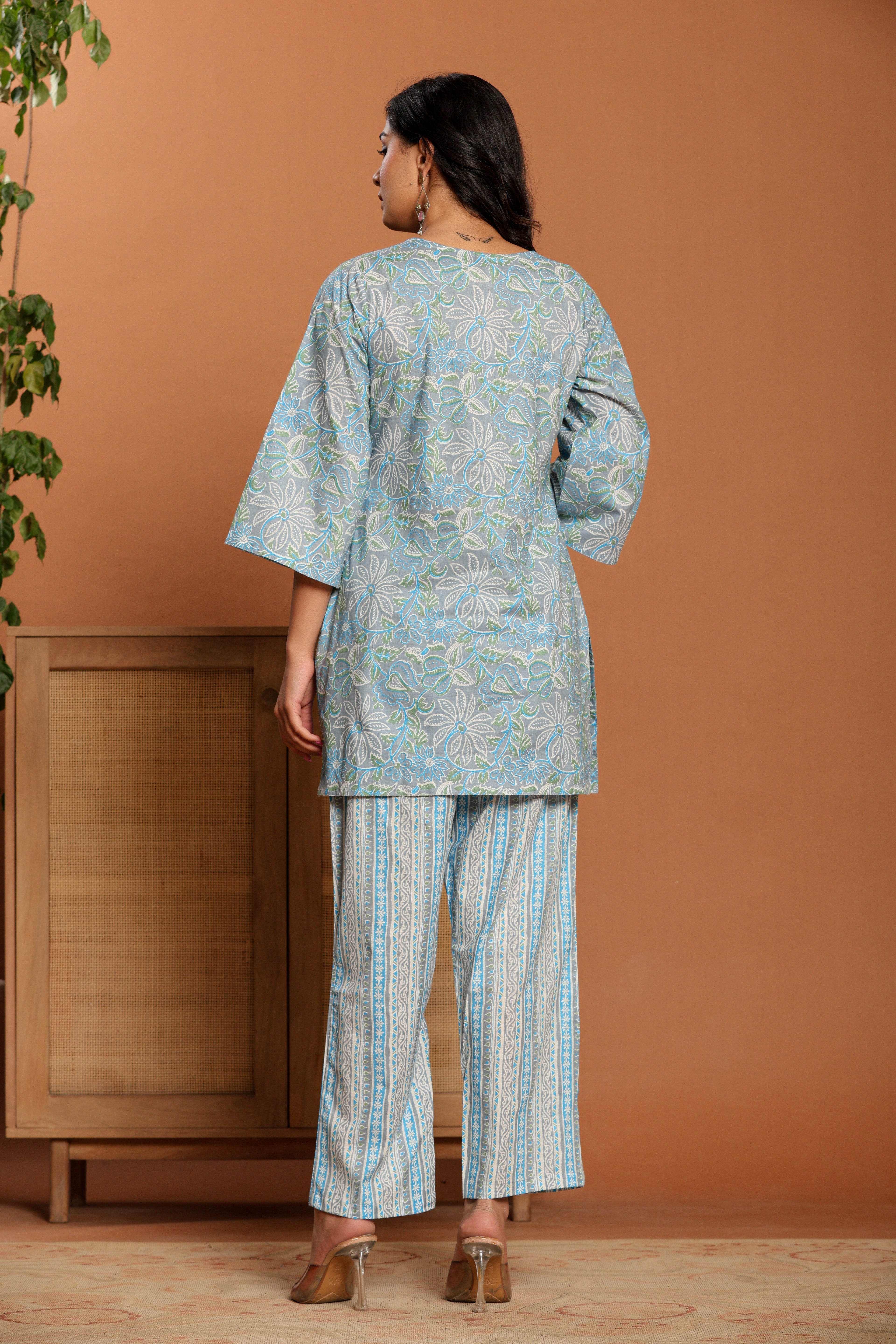 Blue Printed Cotton Coord Set - qivii