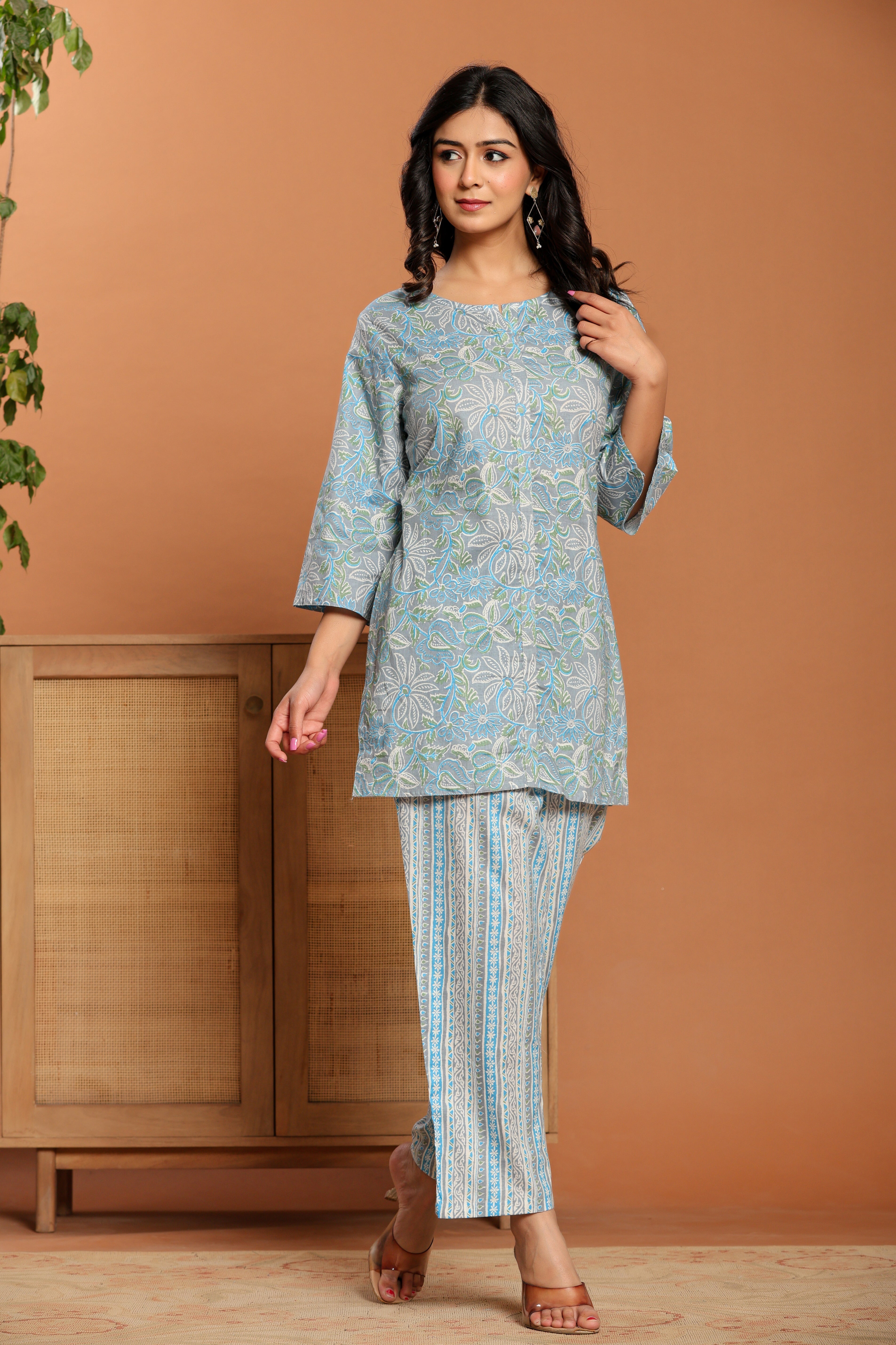 Blue Printed Cotton Coord Set - qivii