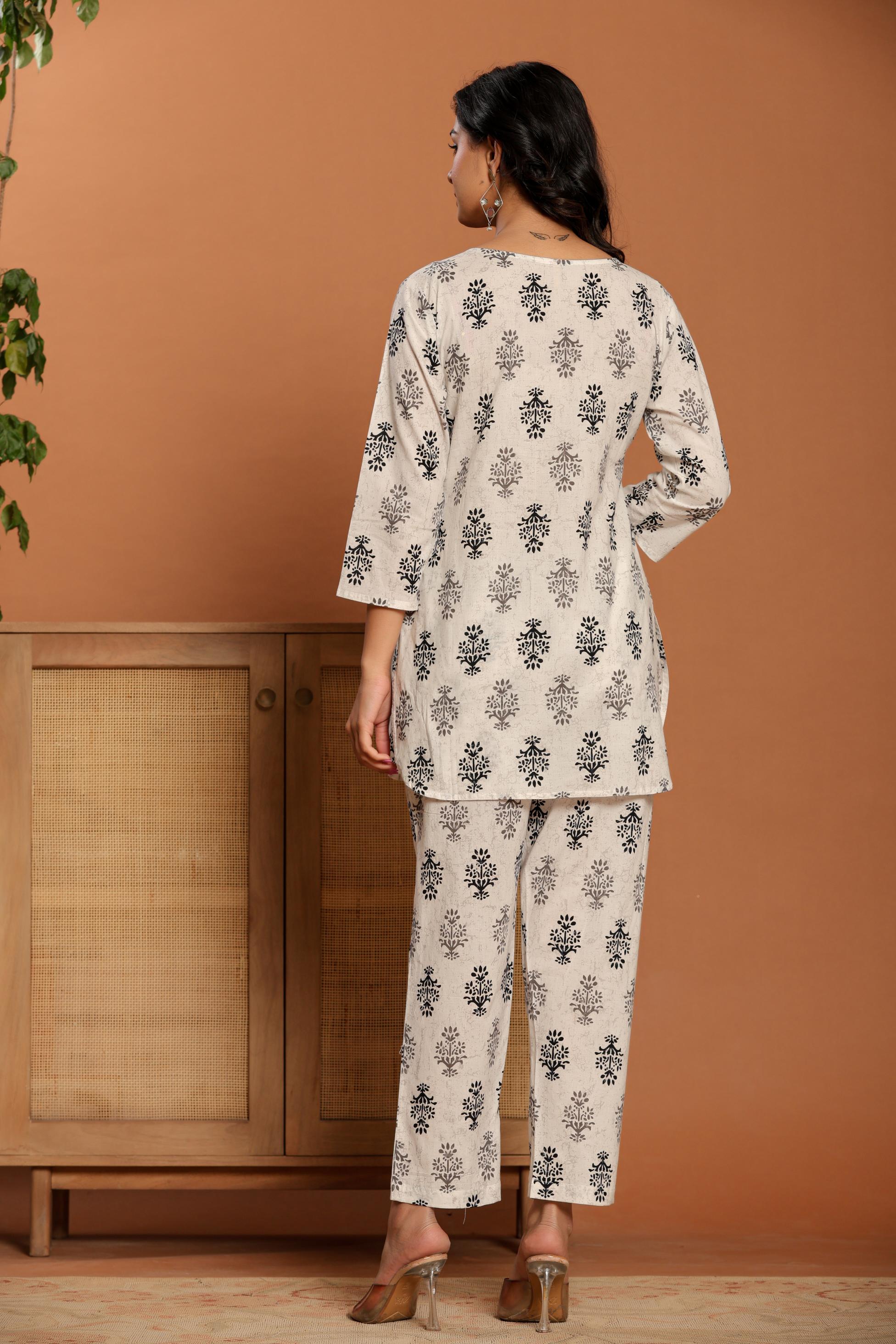 White Printed Cotton Coord Set - qivii