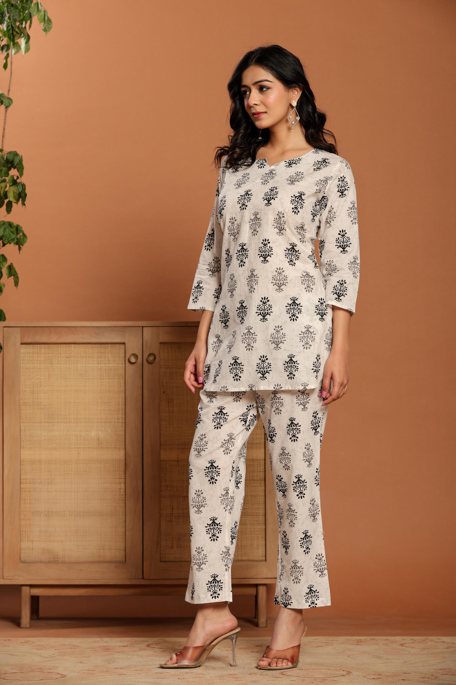 White Printed Cotton Coord Set - qivii