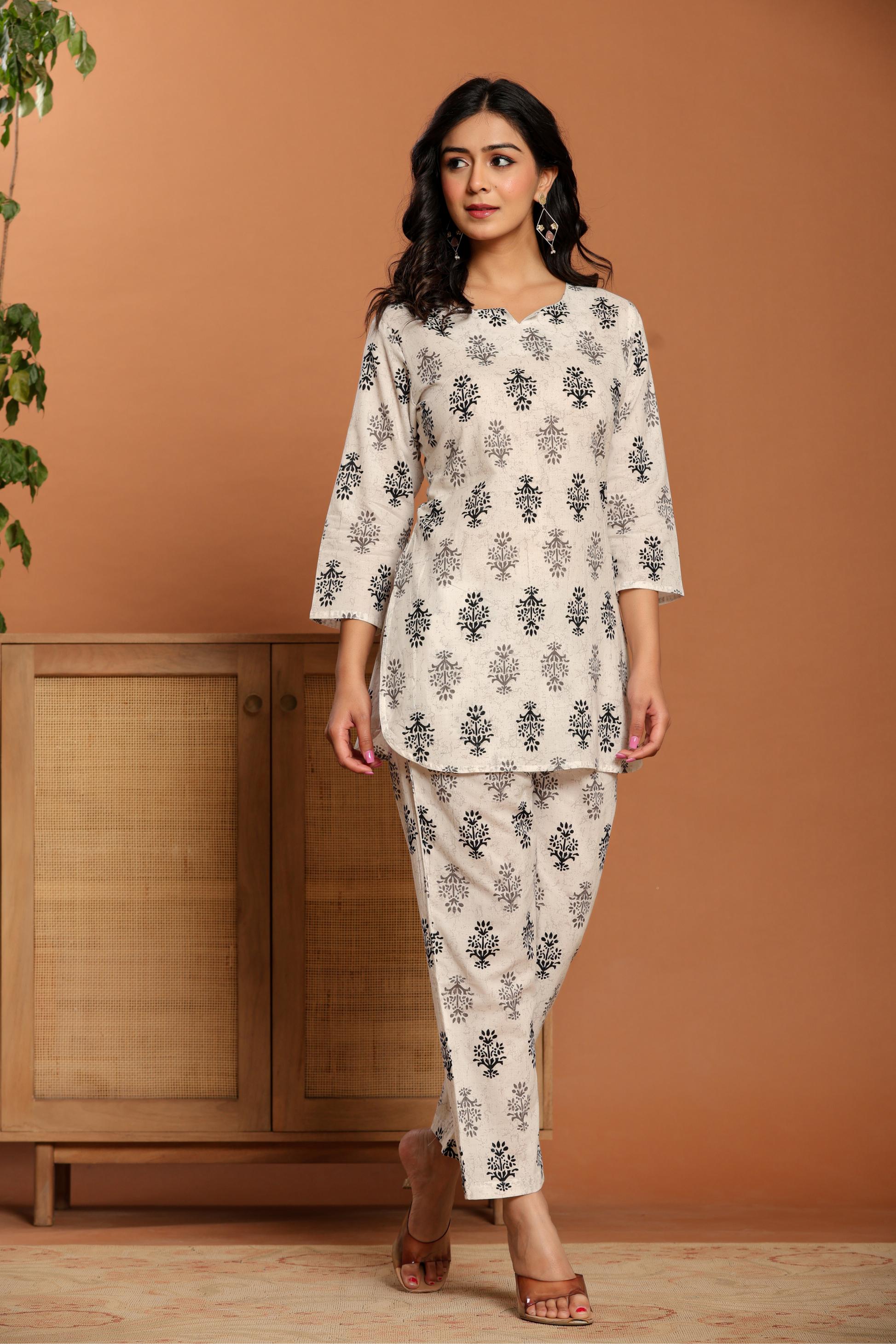 White Printed Cotton Coord Set - qivii