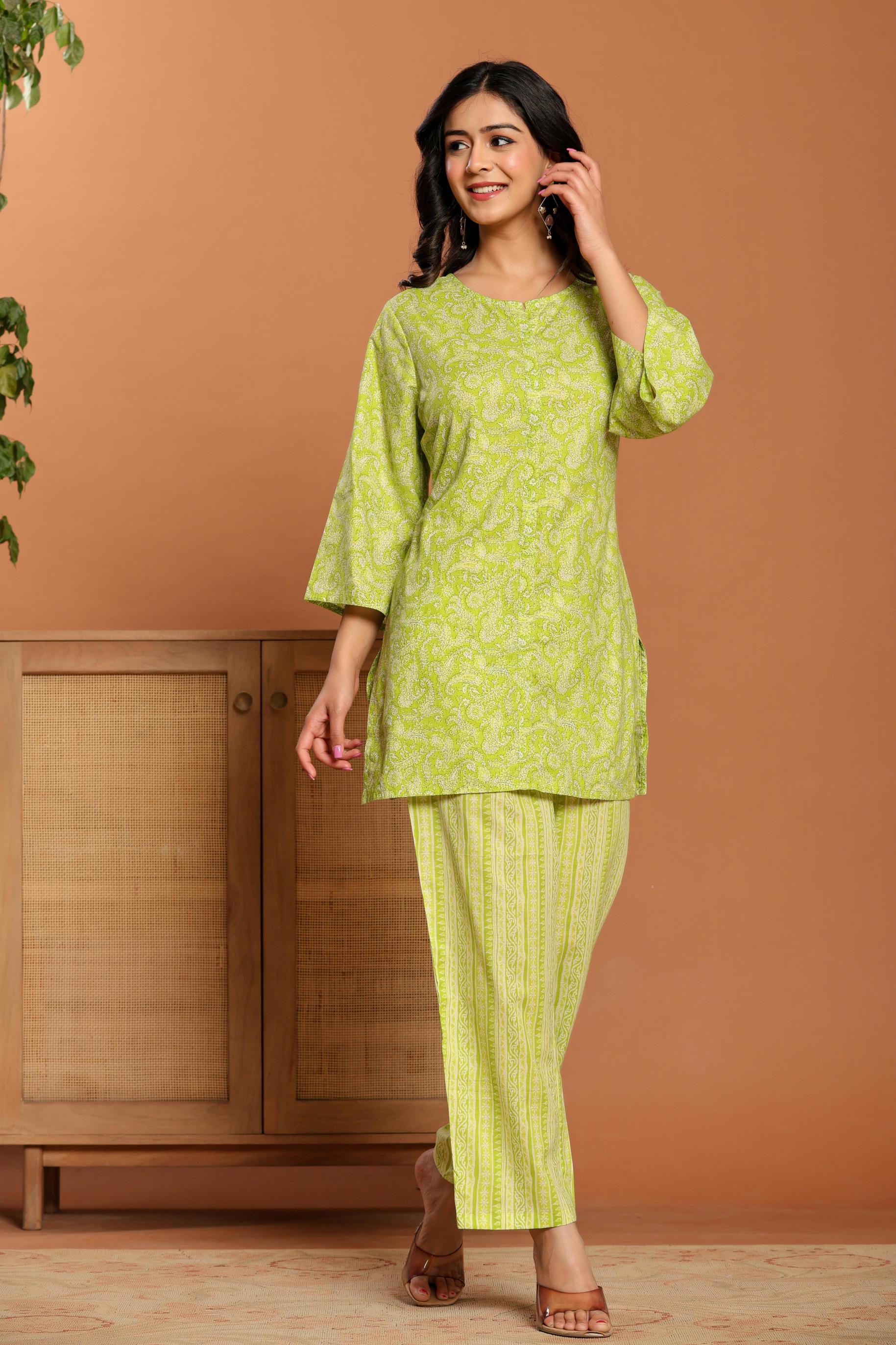 Green Printed Cotton Coord Set - qivii
