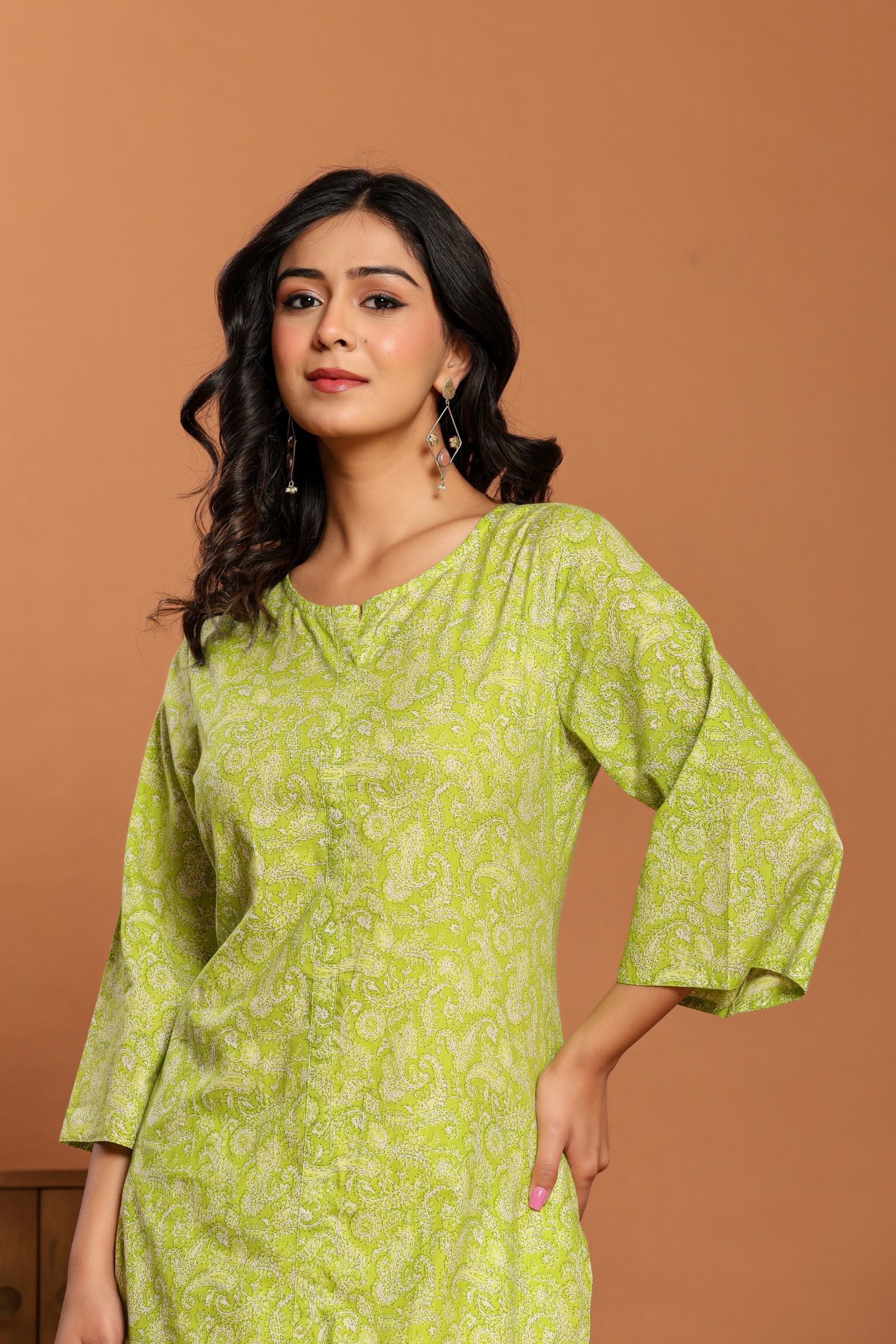 Green Printed Cotton Coord Set - qivii