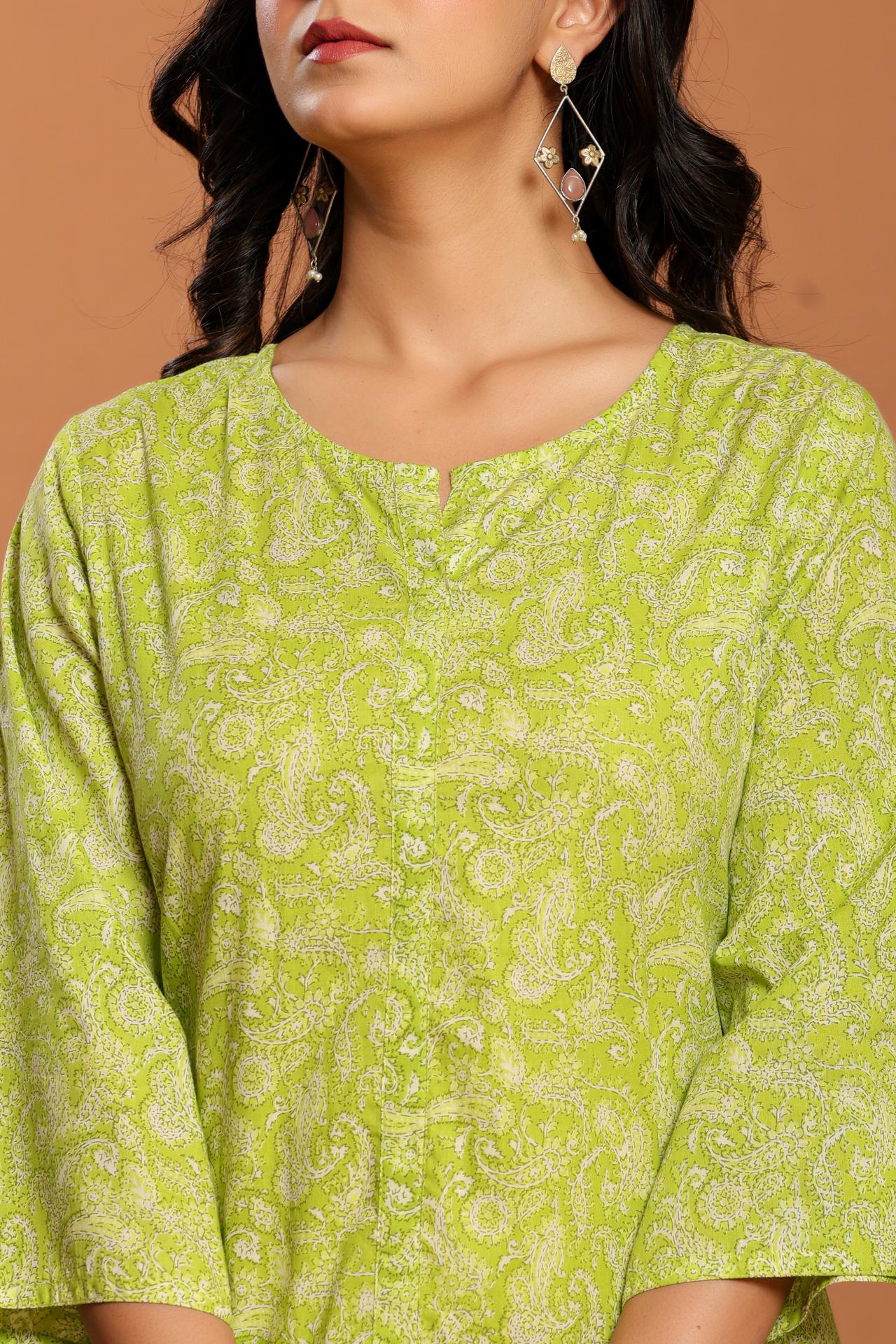 Green Printed Cotton Coord Set - qivii