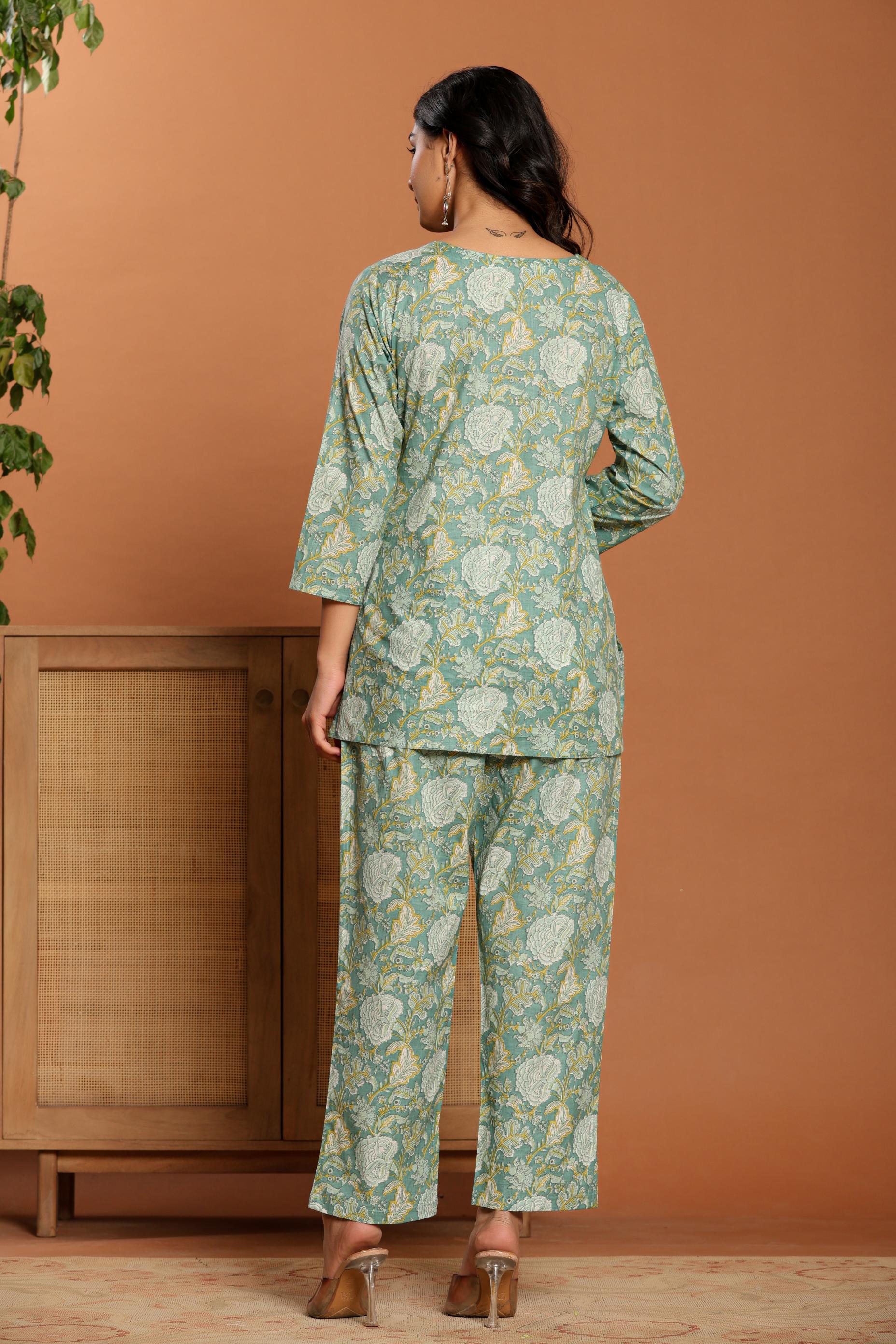 Green Printed Cotton Coord Set - qivii