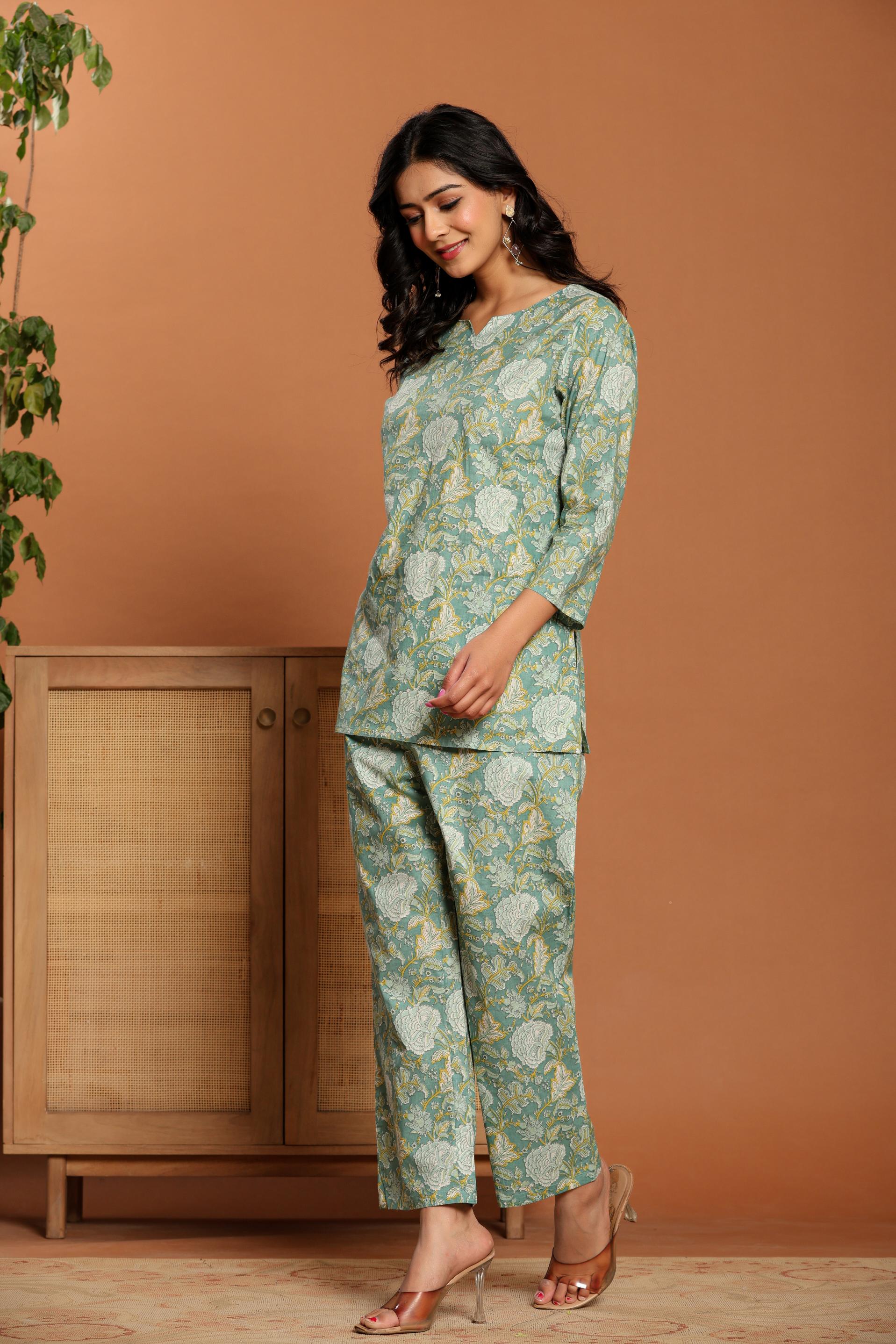 Green Printed Cotton Coord Set - qivii