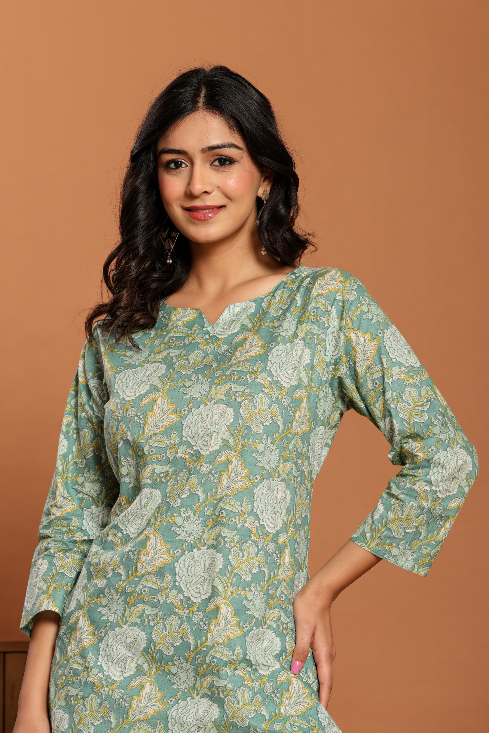 Green Printed Cotton Coord Set - qivii