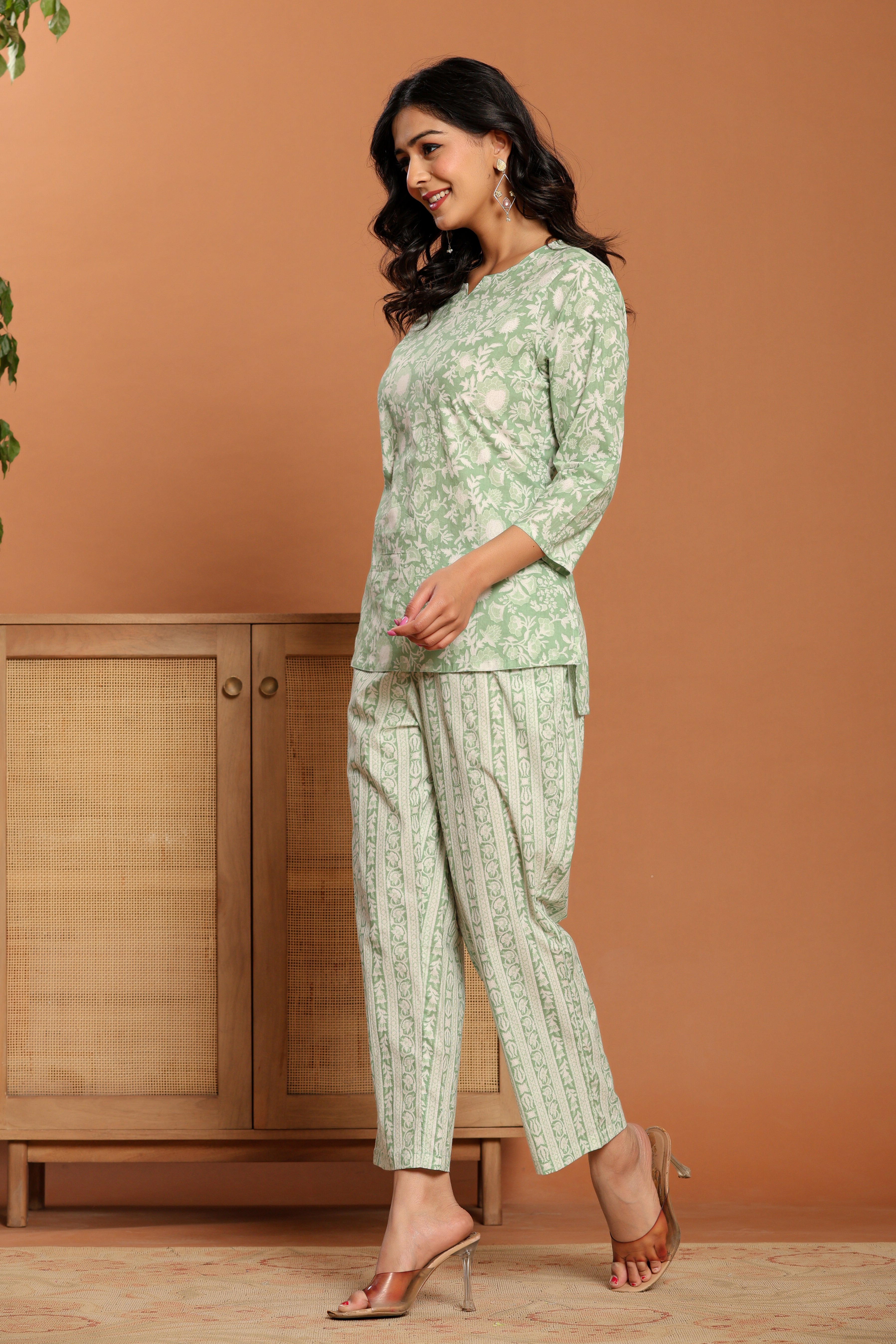 Green Printed Cotton Coord Set - qivii
