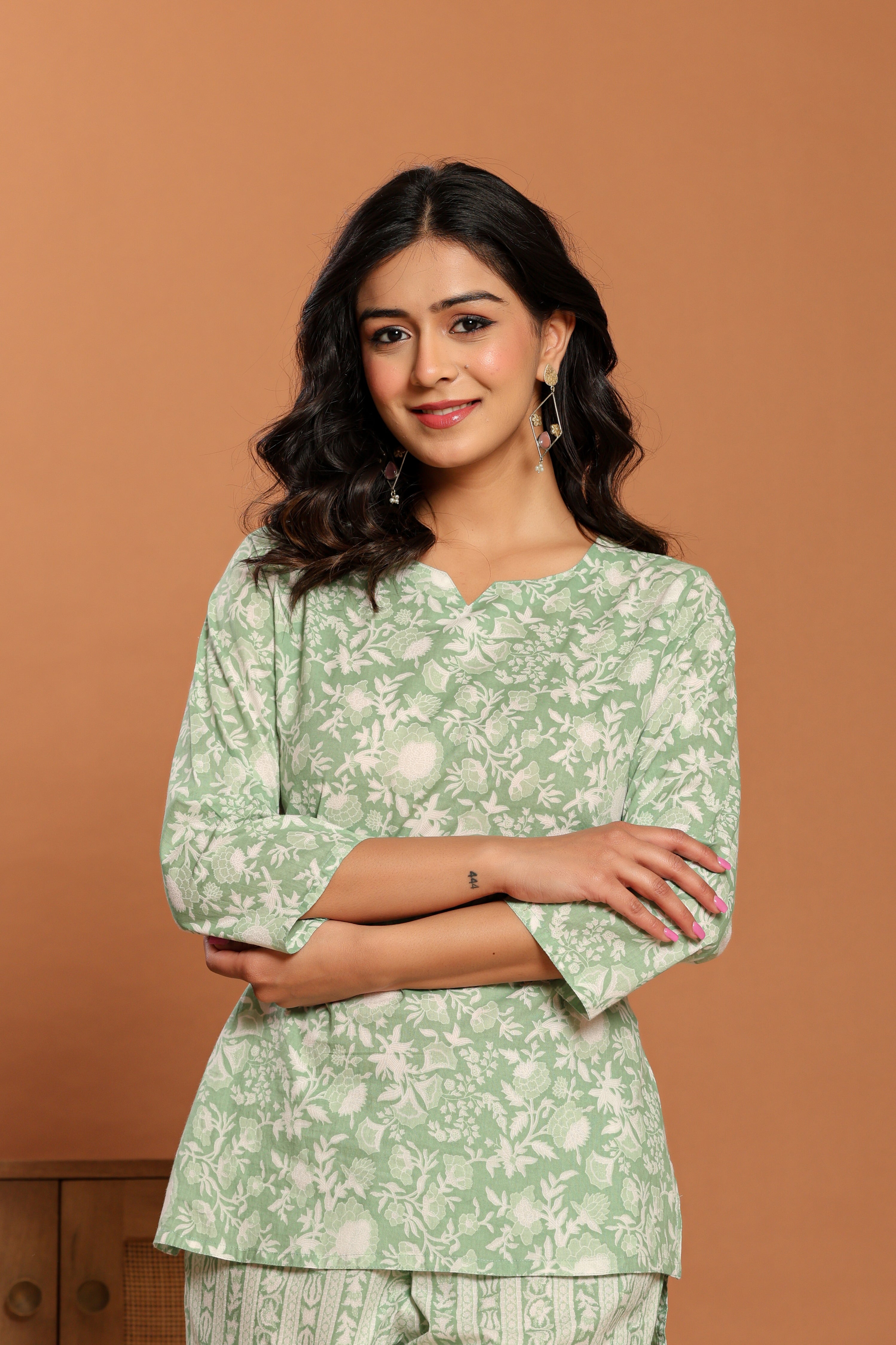 Green Printed Cotton Coord Set - qivii