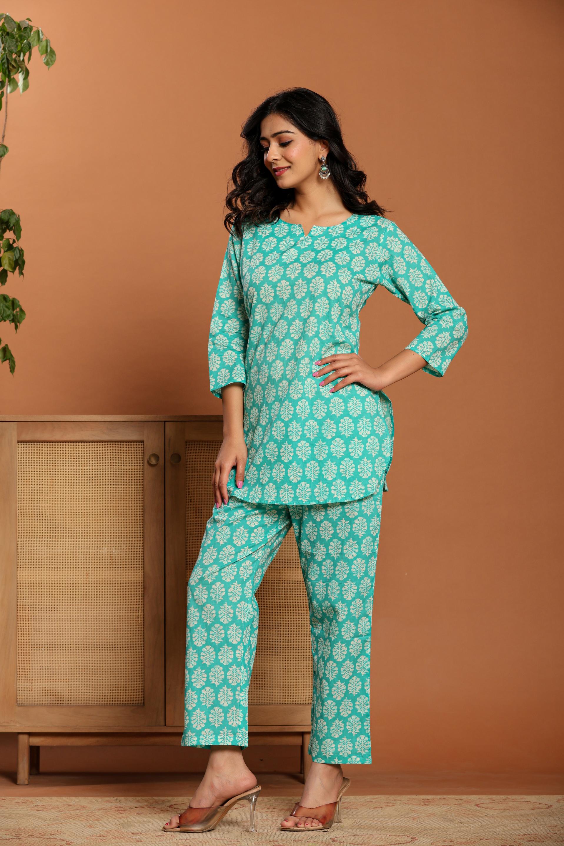 Green Printed Cotton Coord Set - qivii