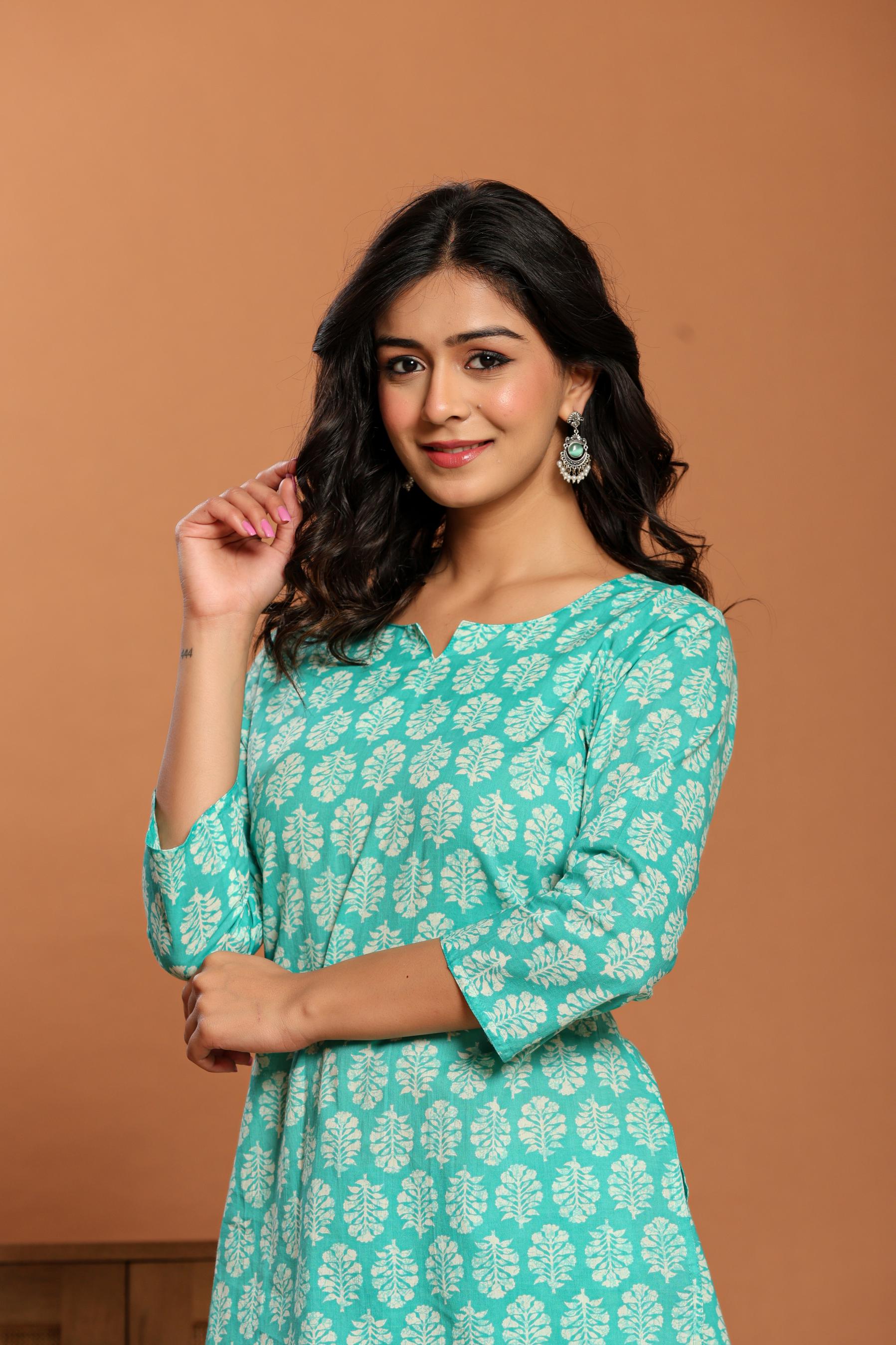 Green Printed Cotton Coord Set - qivii