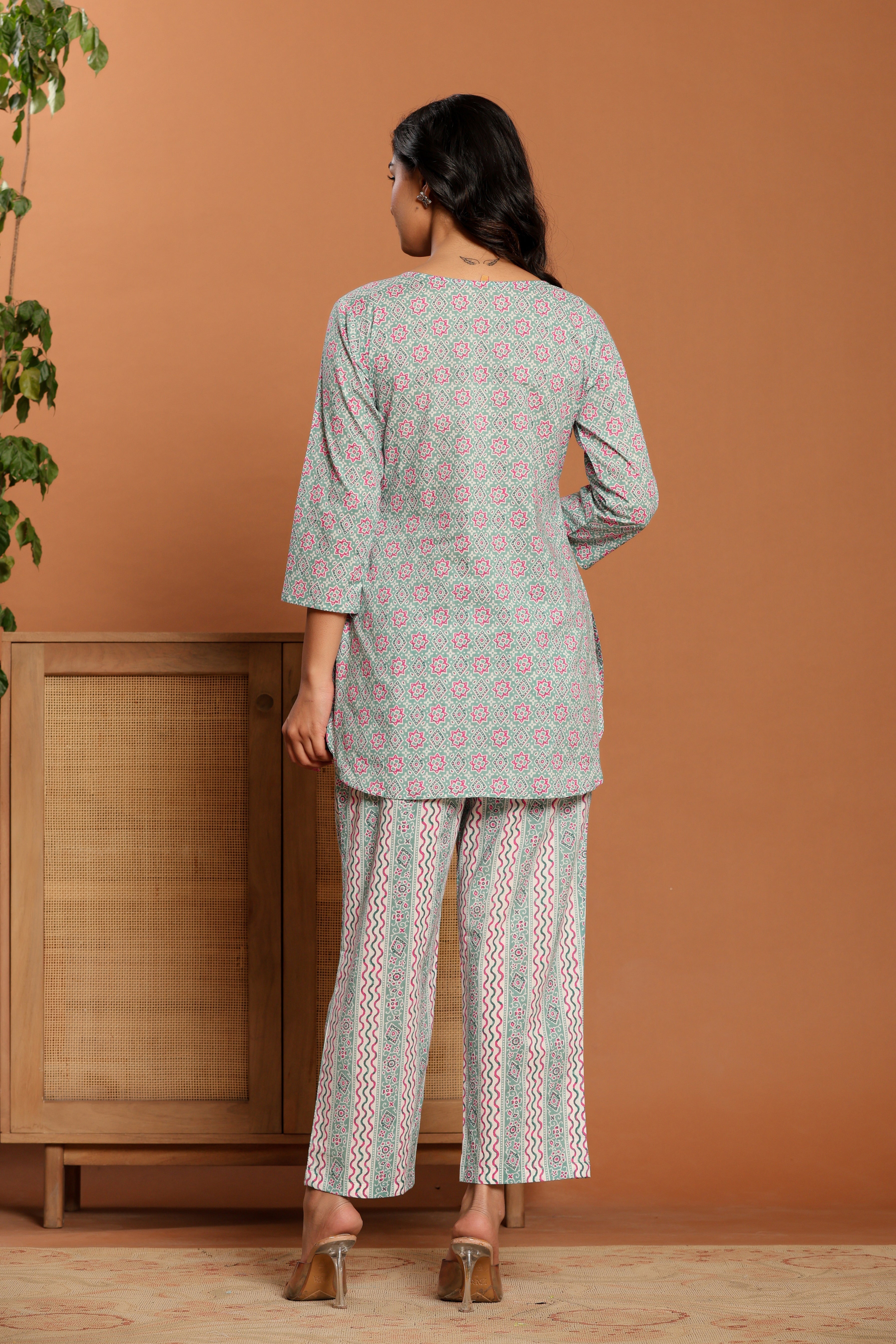 Green Printed Cotton Coord Set - qivii