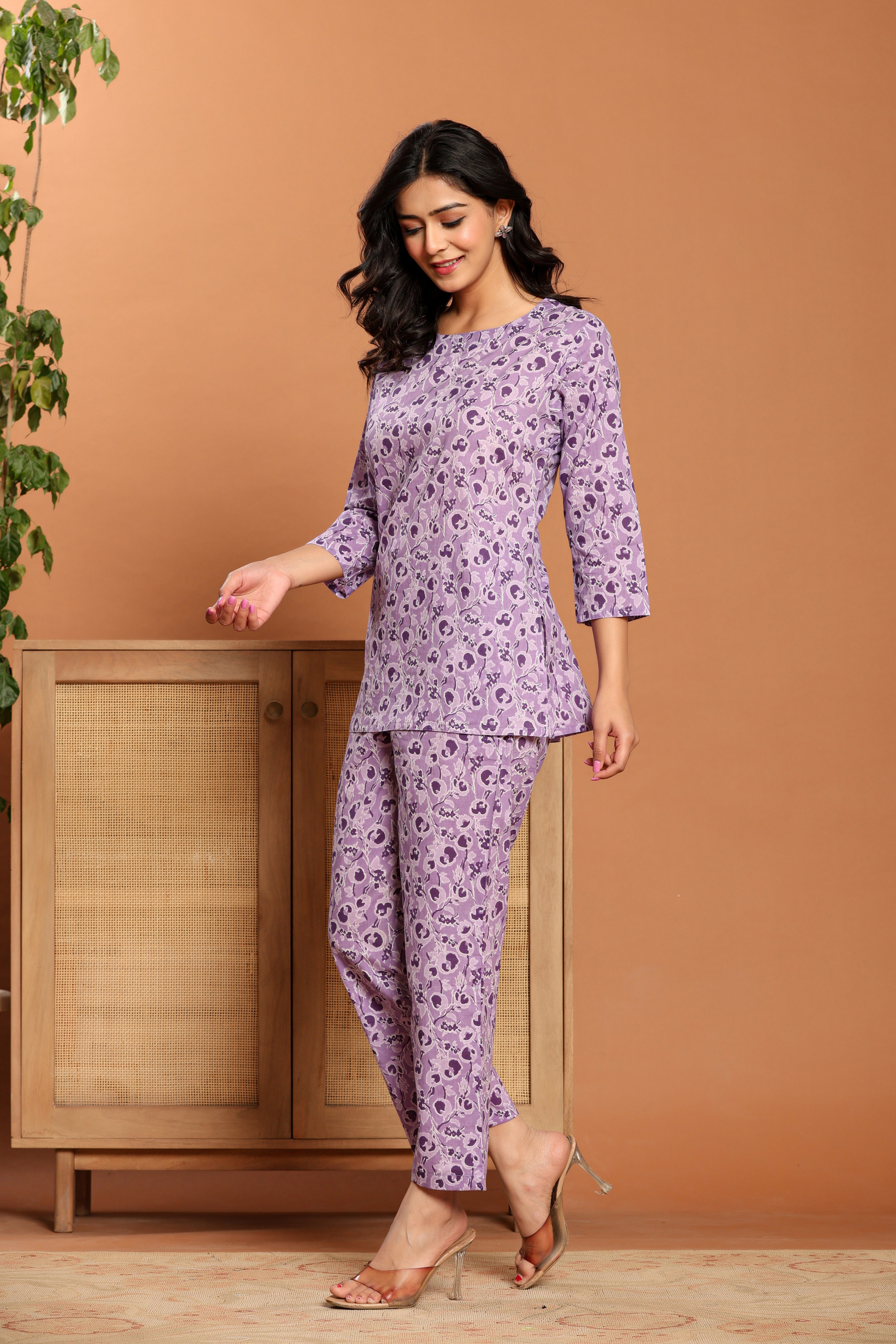Purple Printed Cotton Co- Ord Set