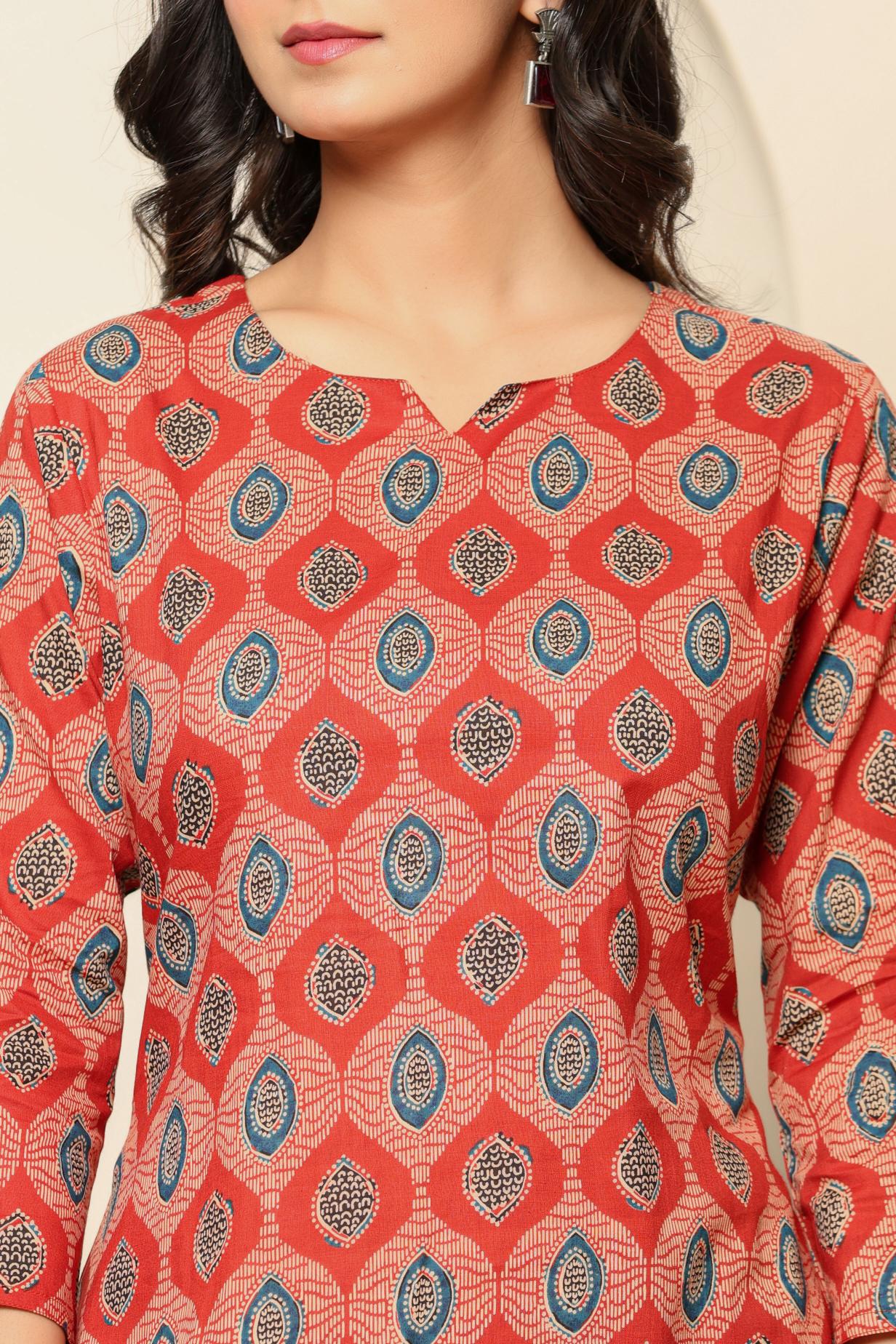 Red Printed Cotton Coord Set - qivii