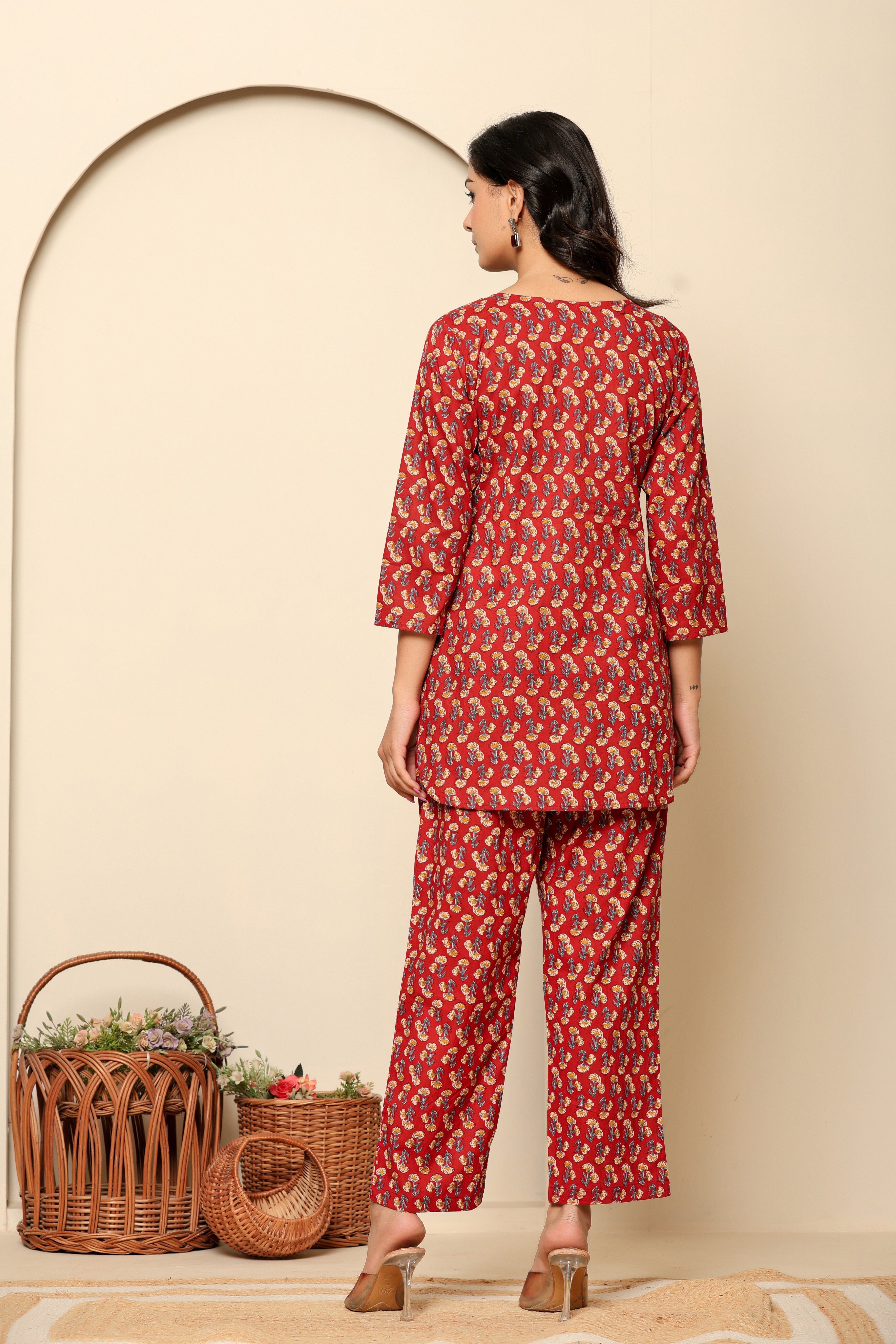 Red Printed Cotton Coord Set - qivii