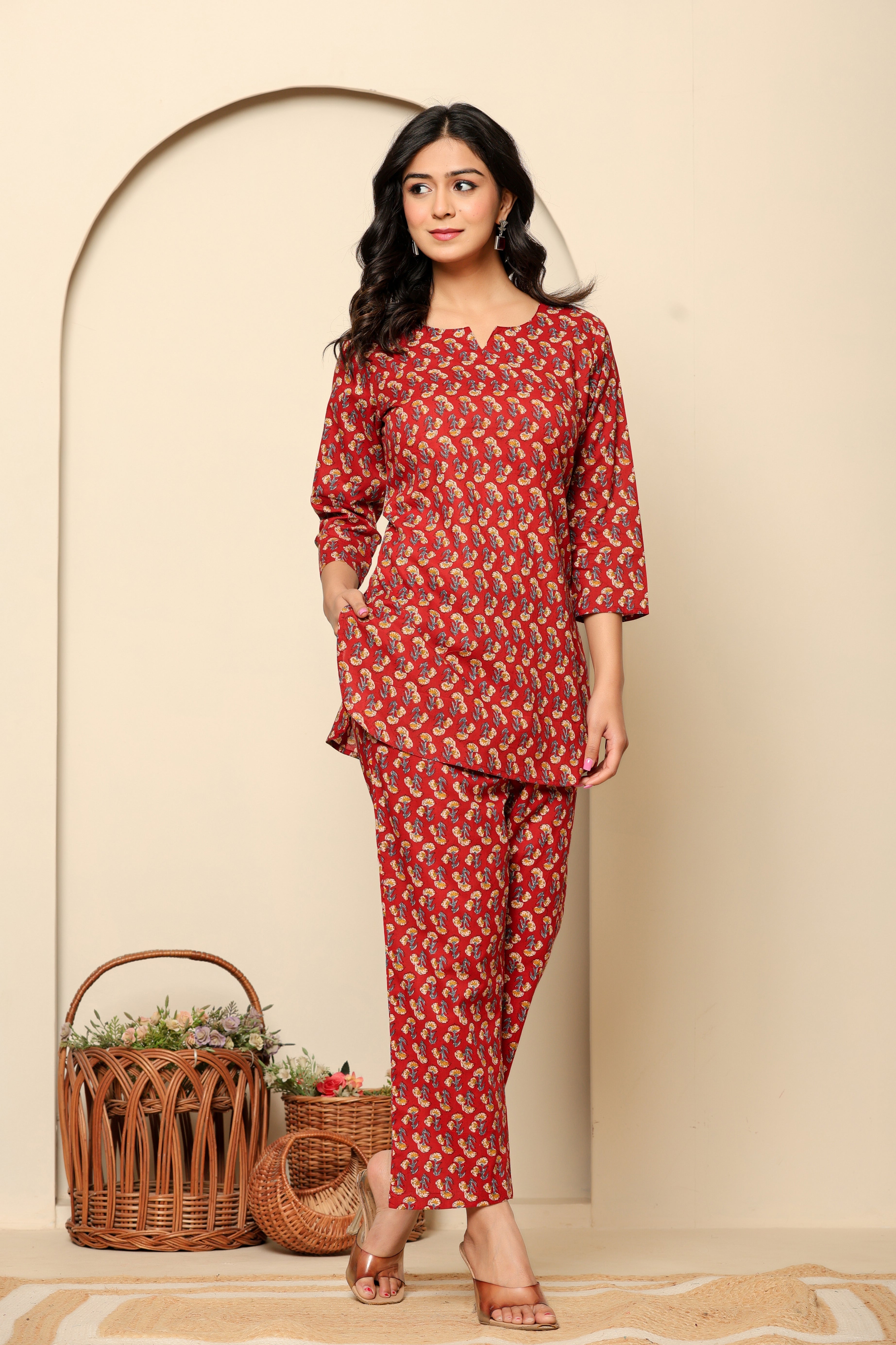 Red Printed Cotton Coord Set - qivii