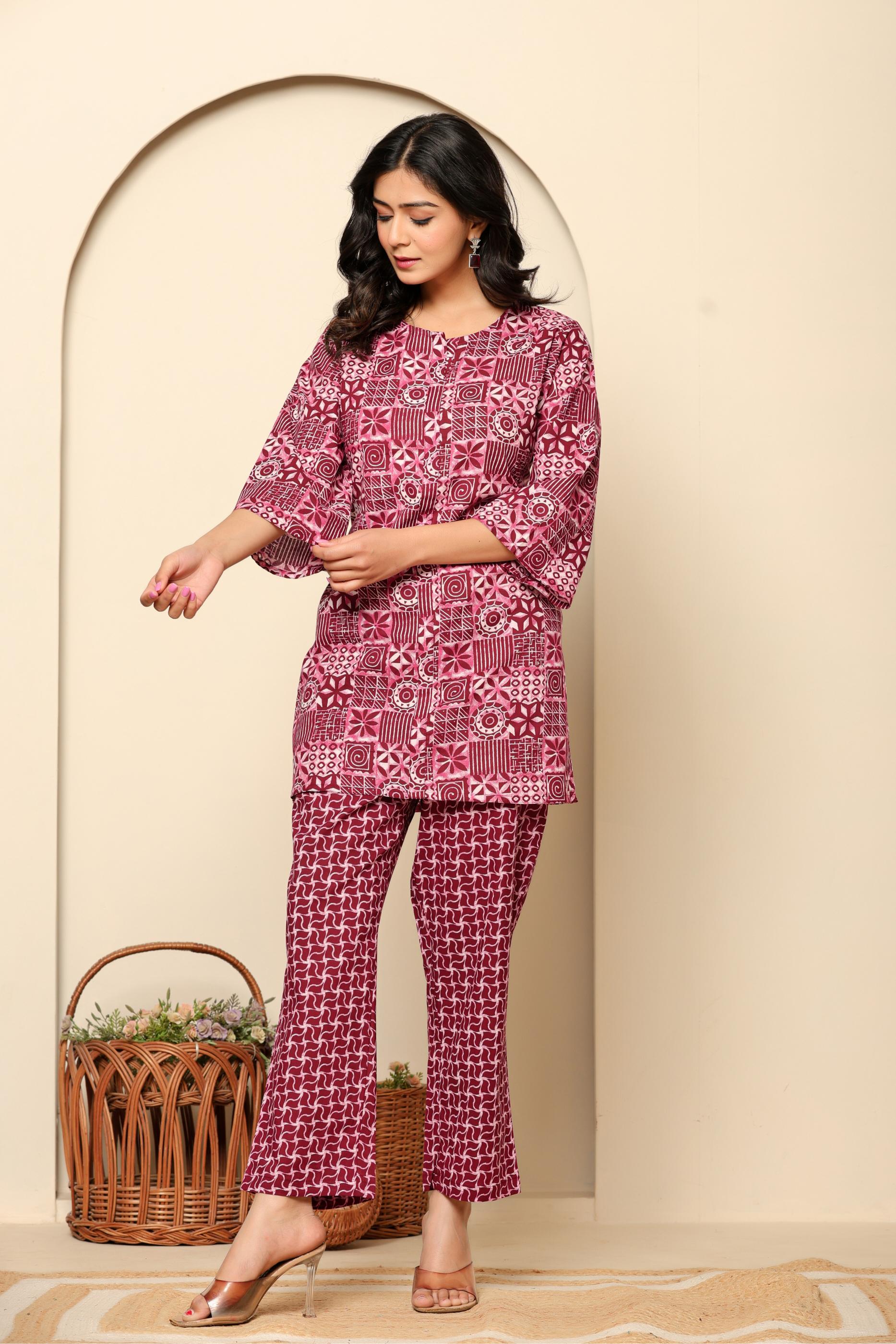 Maroon Printed Cotton Co- Ord Set - qivii
