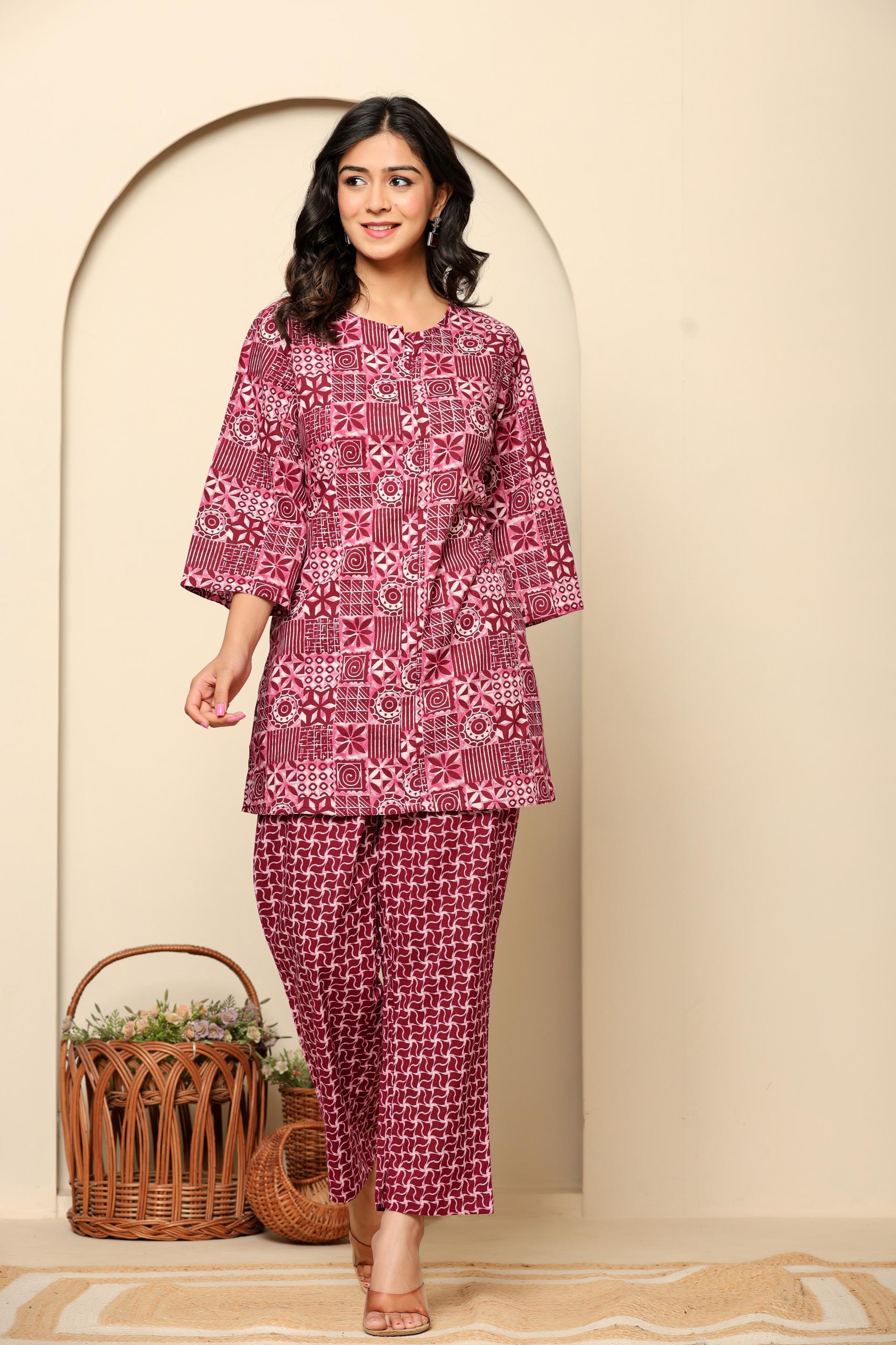 Maroon Printed Cotton Co- Ord Set