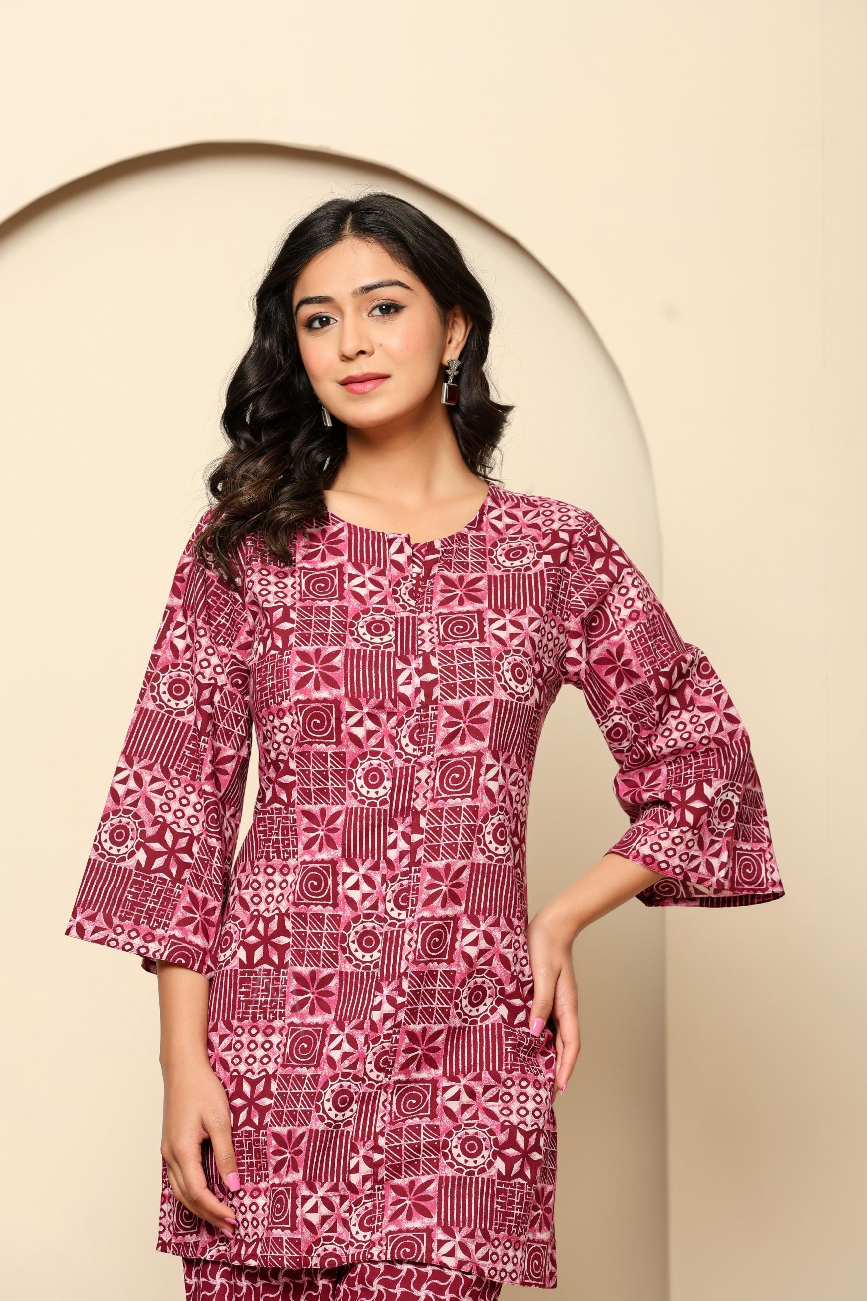 Maroon Printed Cotton Co- Ord Set - qivii