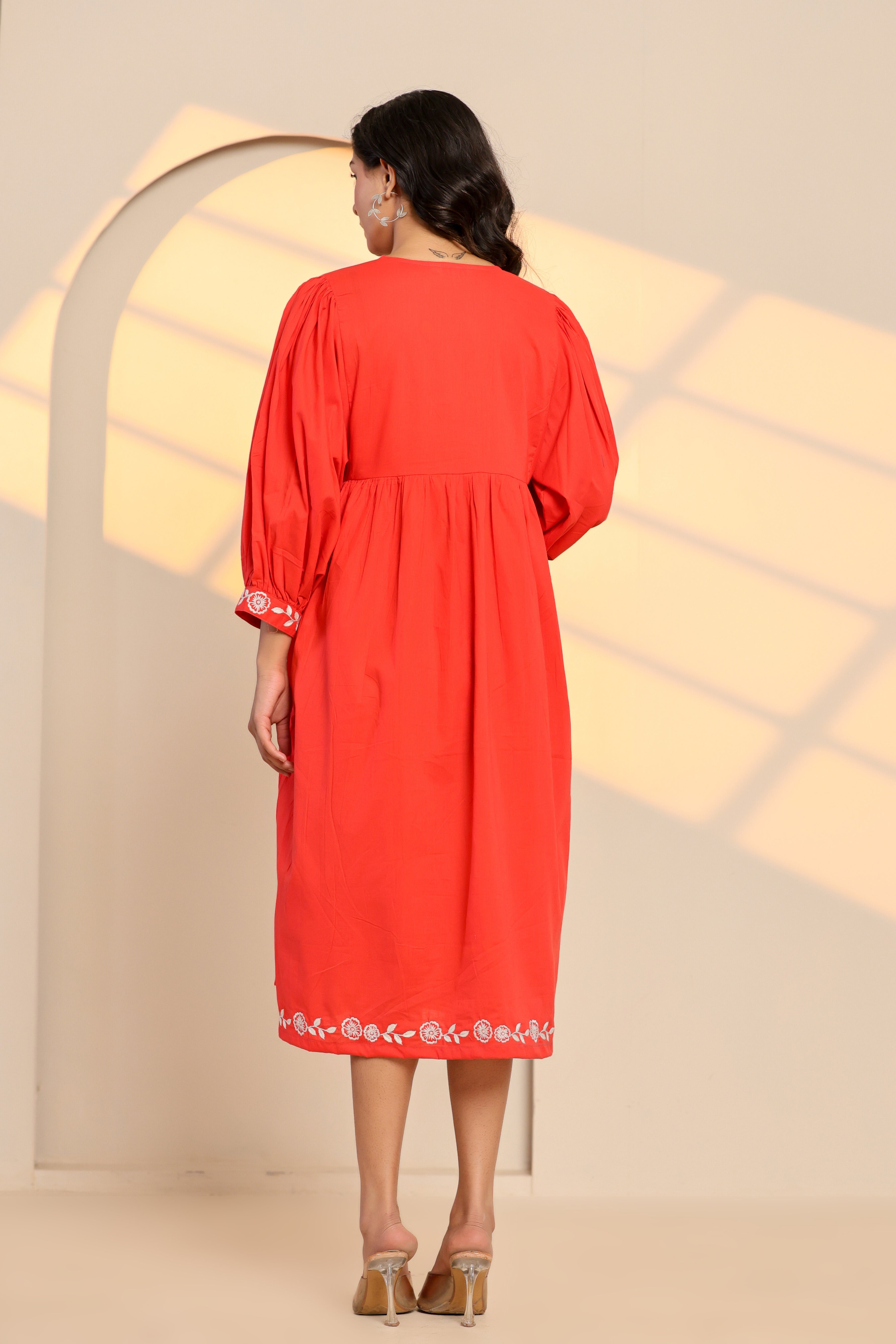 Poppy Red Cotton Embroidered Midi Dress
