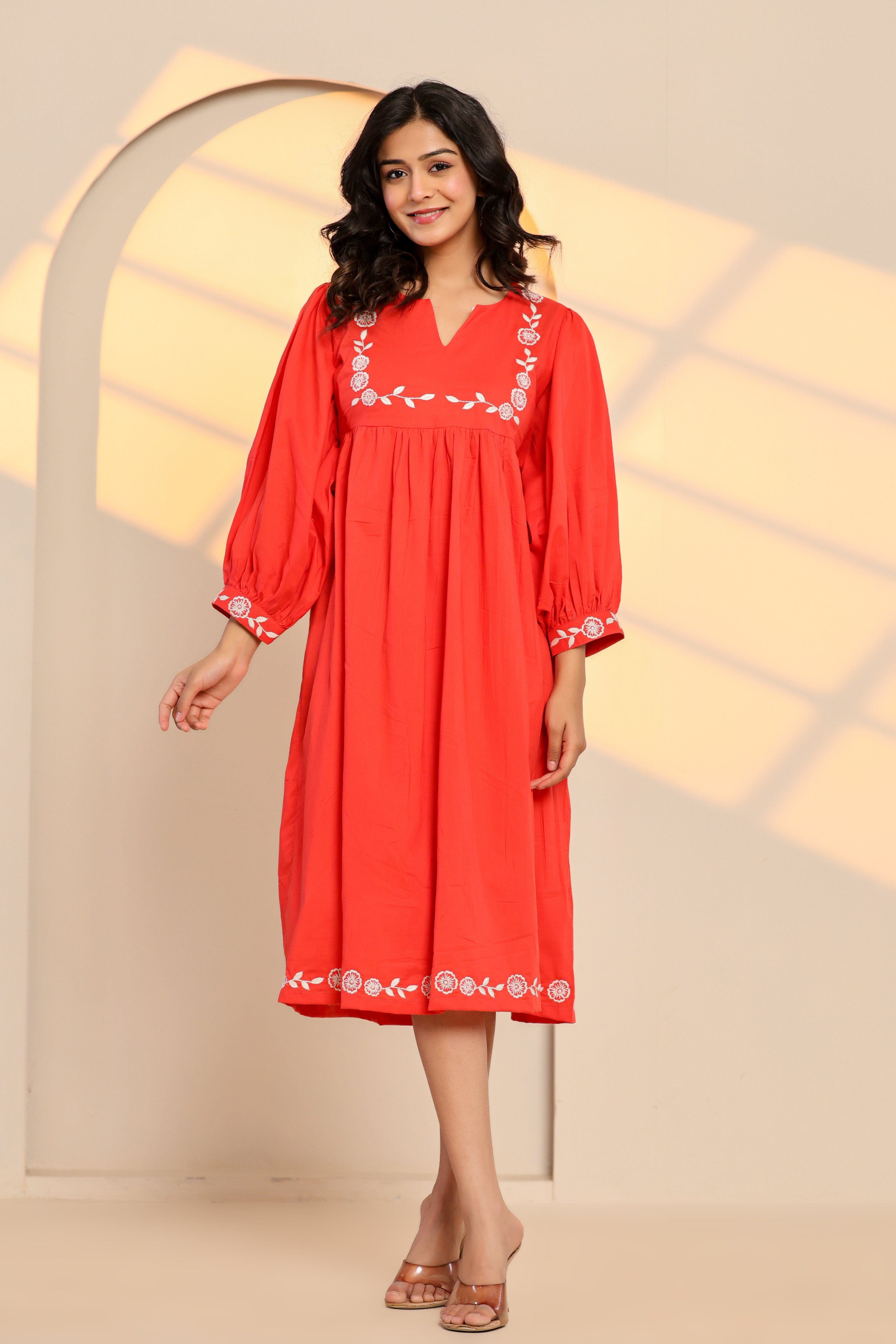 Poppy Red Cotton Embroidered Midi Dress - By Ragavi - qivii