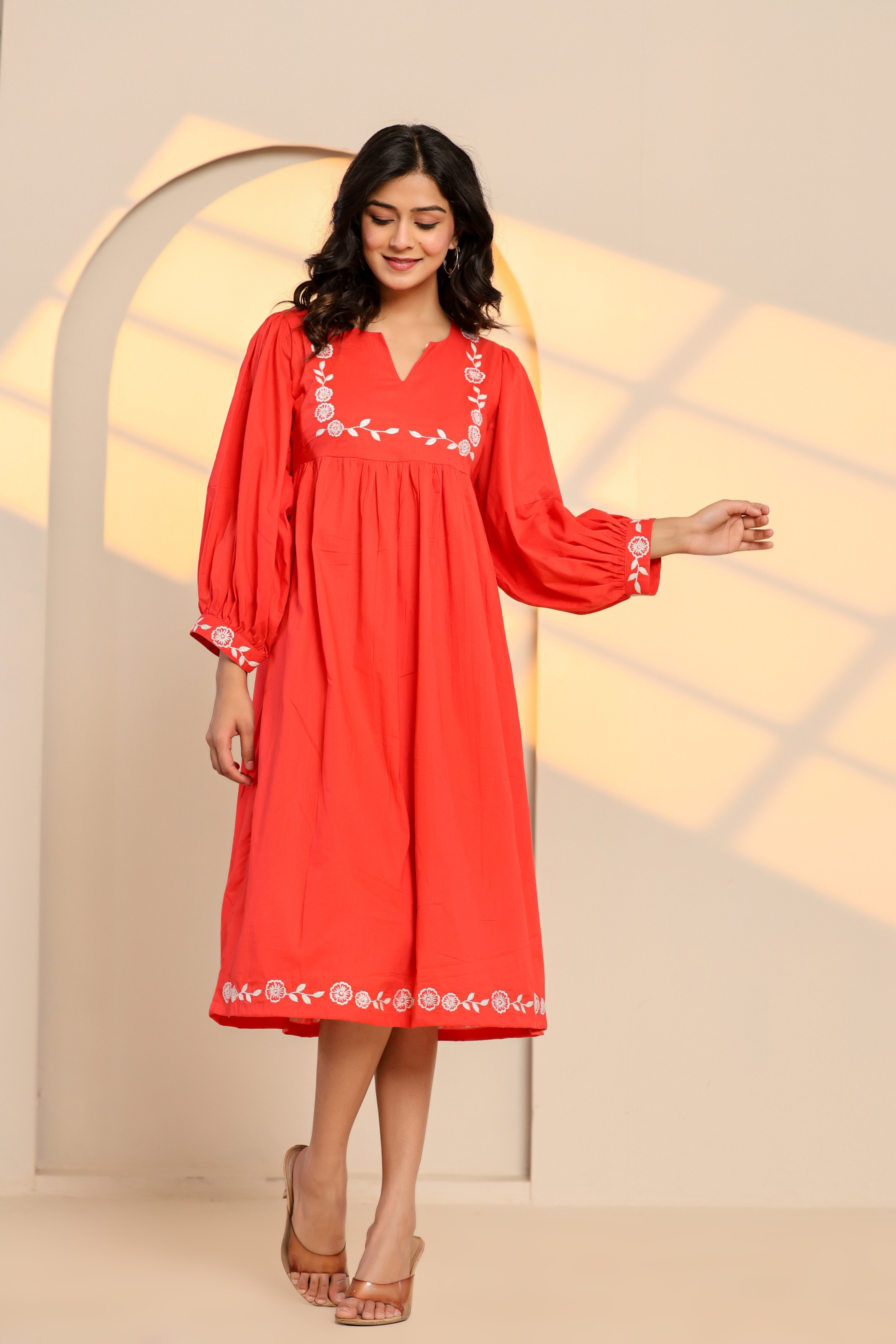 Poppy Red Cotton Embroidered Midi Dress - By Ragavi - qivii