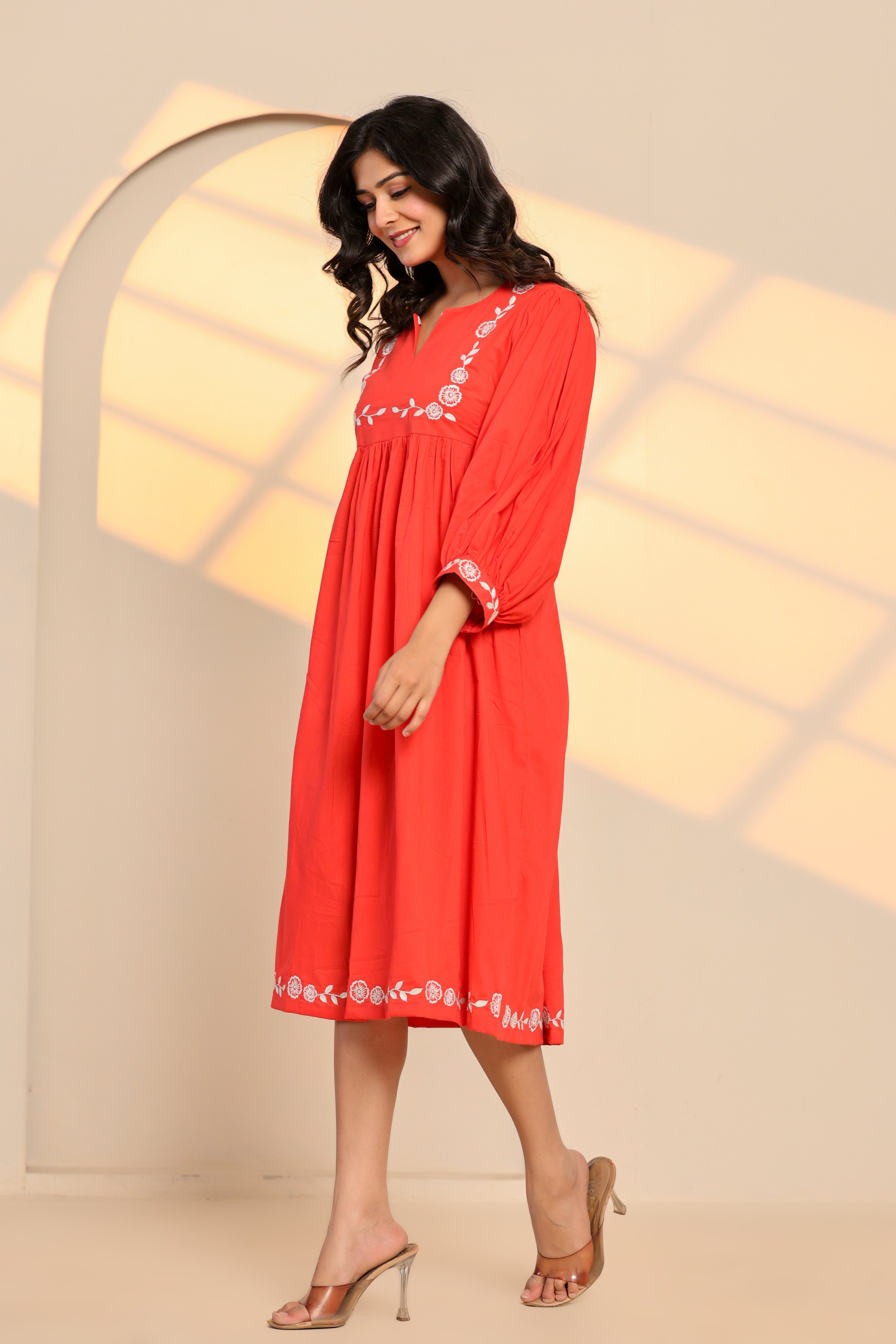 Poppy Red Cotton Embroidered Midi Dress - By Ragavi - qivii