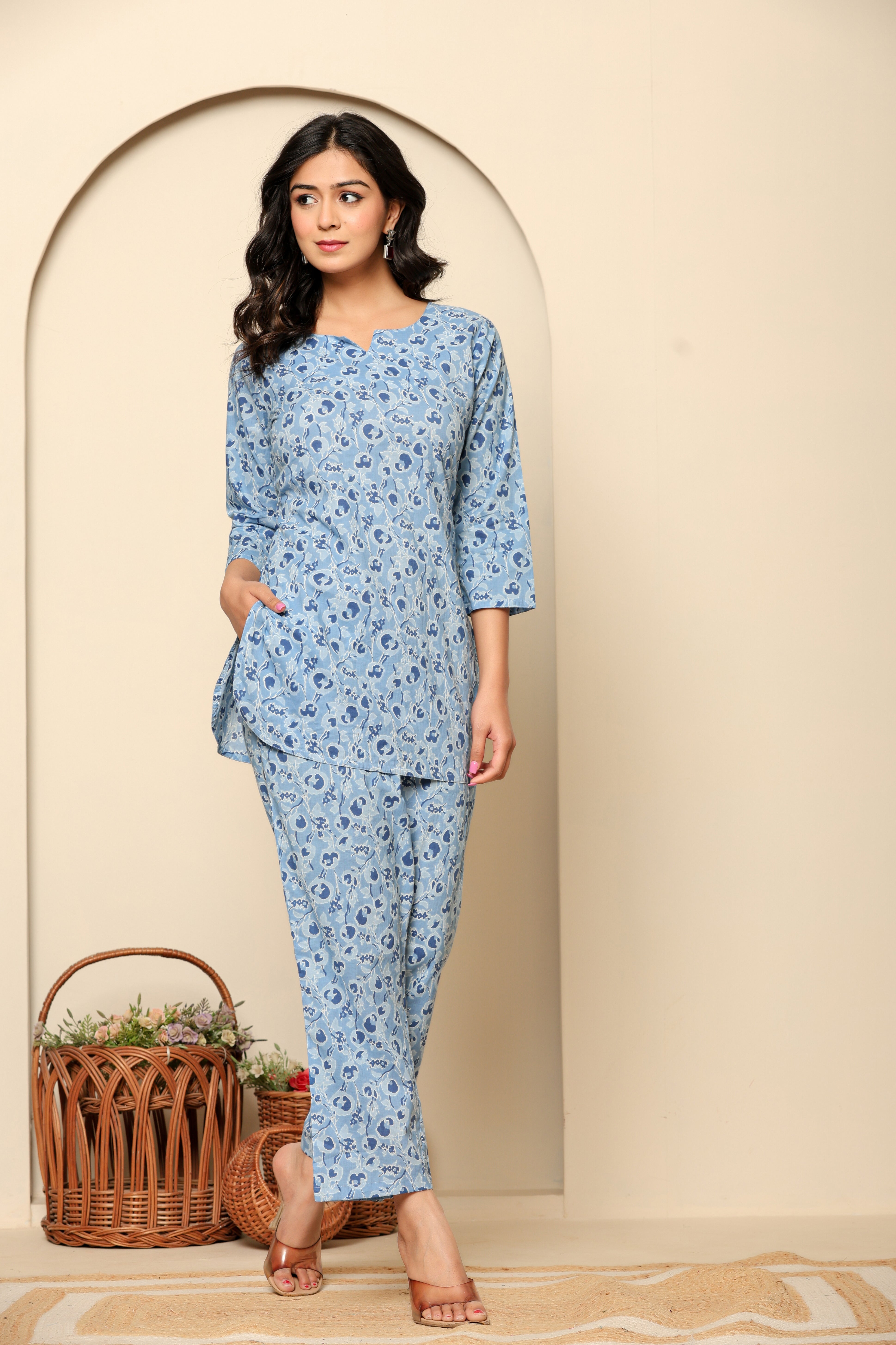 Blue Printed Cotton Coord Set - qivii