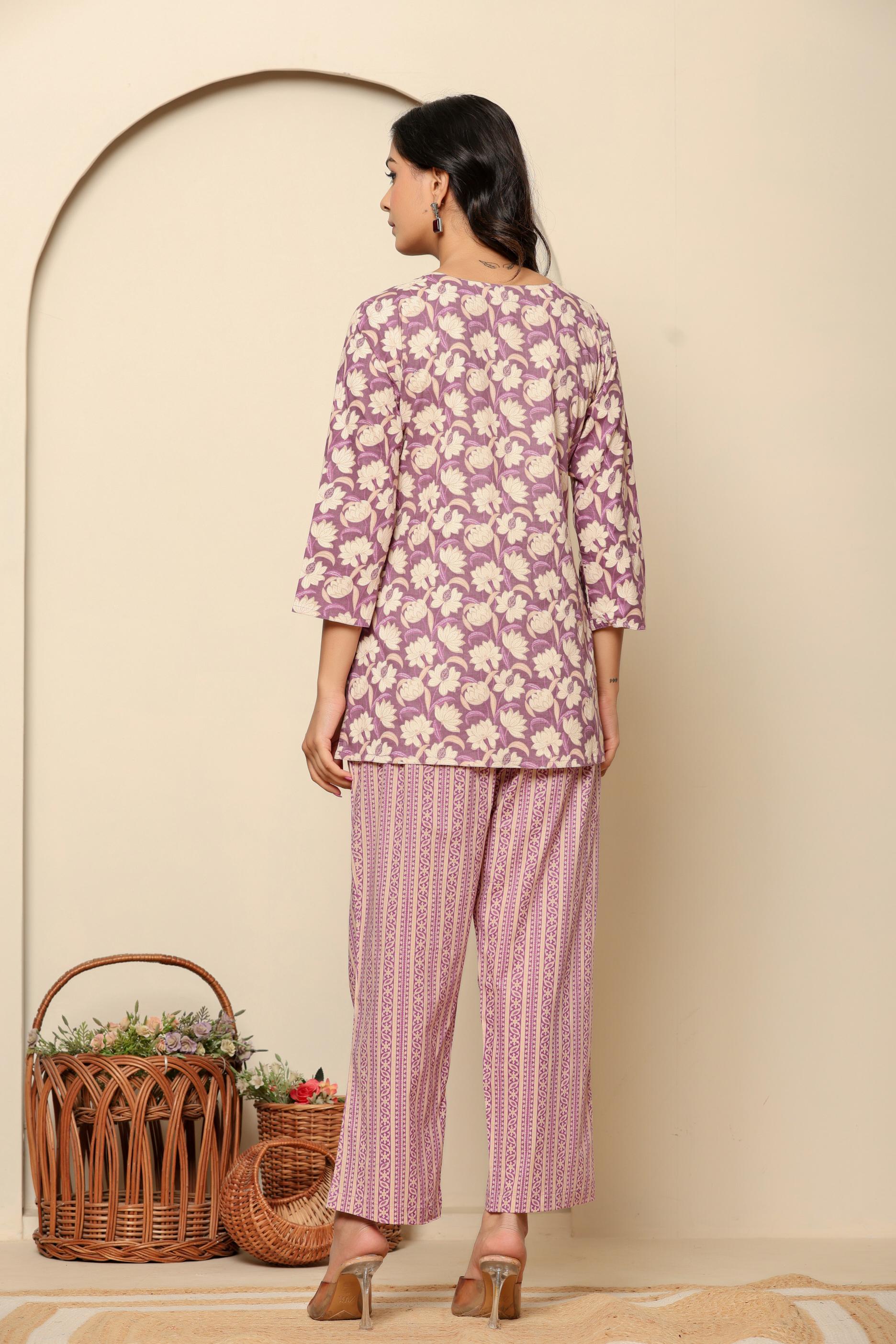 Purple Printed Cotton Coord Set - qivii
