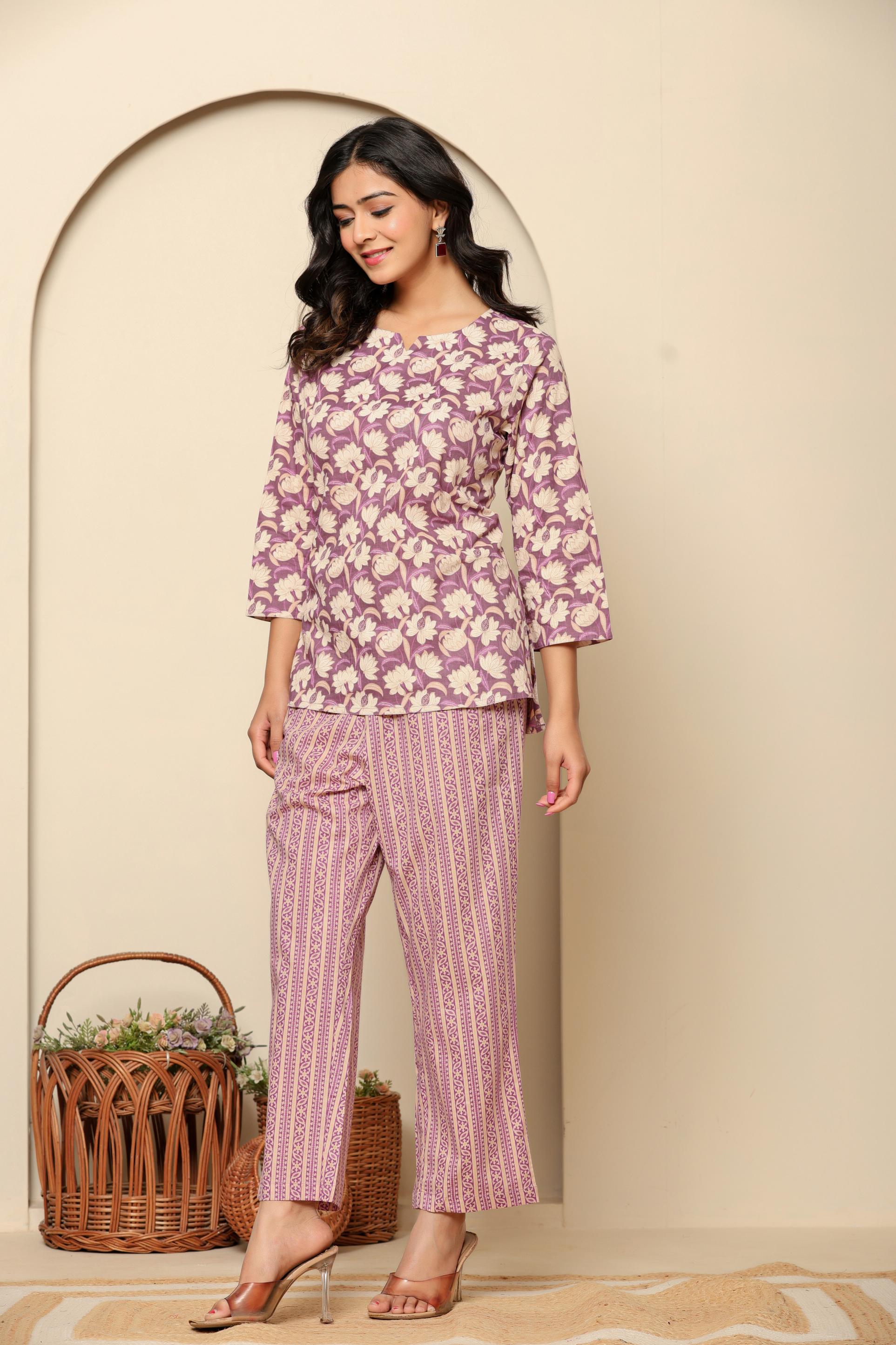 Purple Printed Cotton Coord Set - qivii