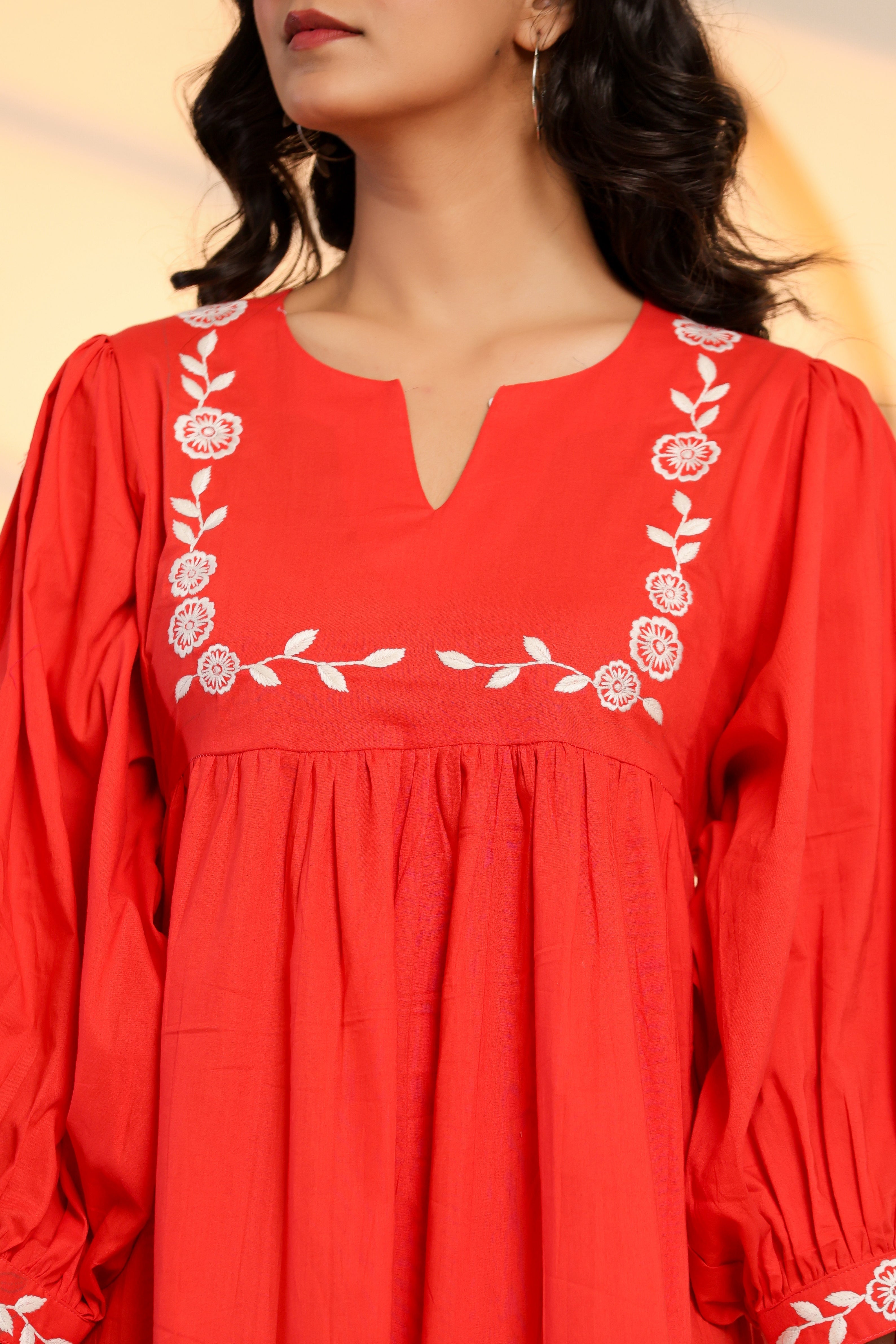 Poppy Red Cotton Embroidered Midi Dress - By Ragavi - qivii