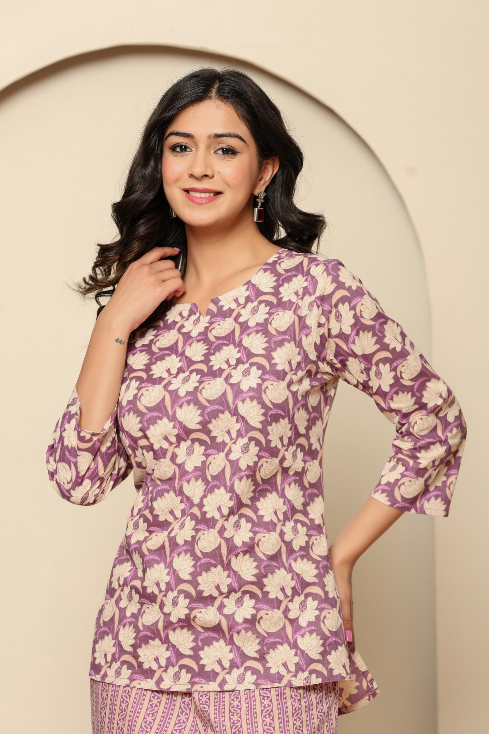 Purple Printed Cotton Coord Set - qivii