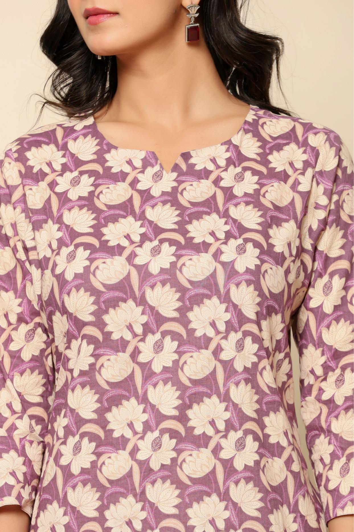 Purple Printed Cotton Coord Set - qivii