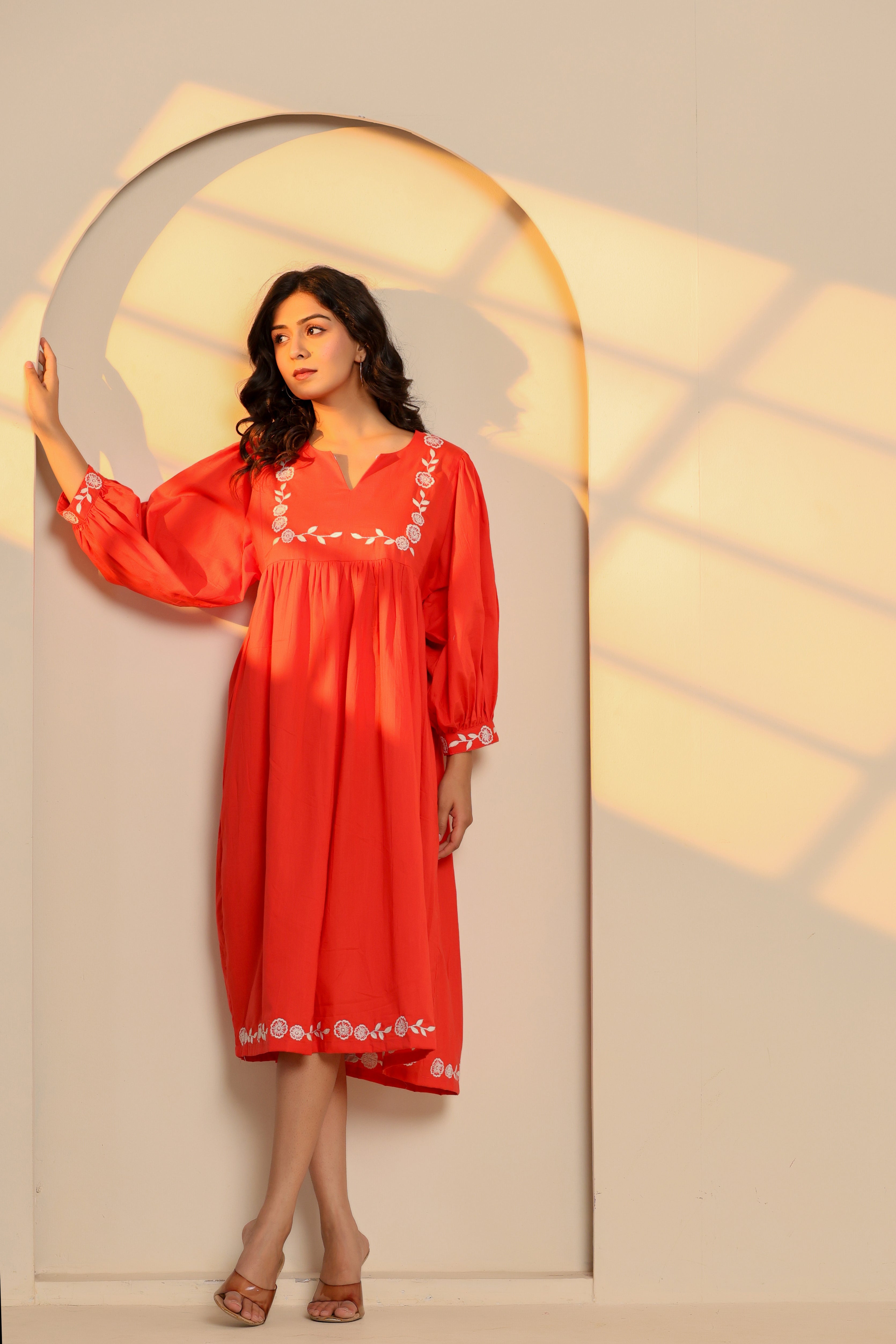 Poppy Red Cotton Embroidered Midi Dress - By Ragavi - qivii