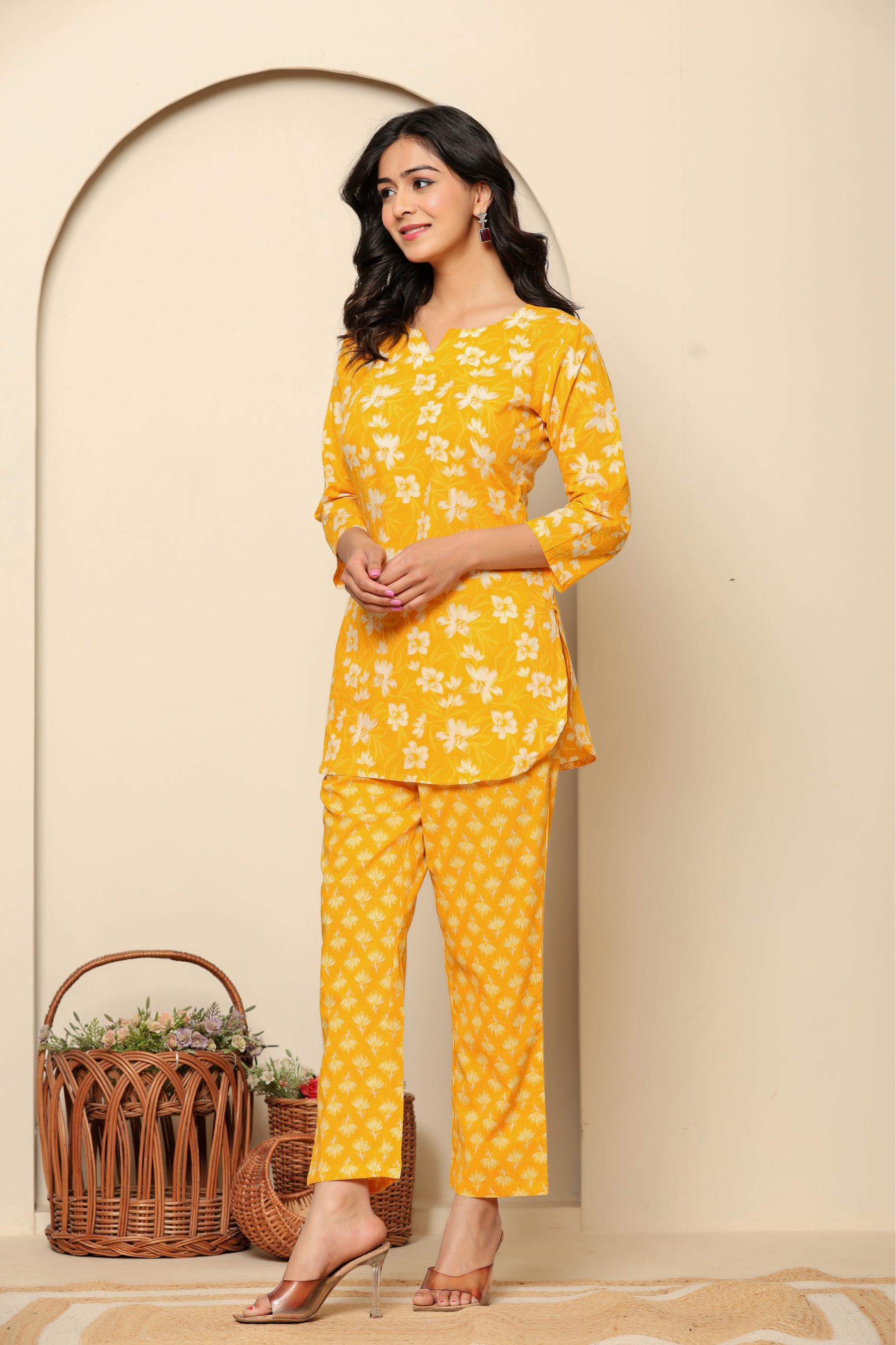 Yellow Printed Cotton Co- Ord Set - qivii