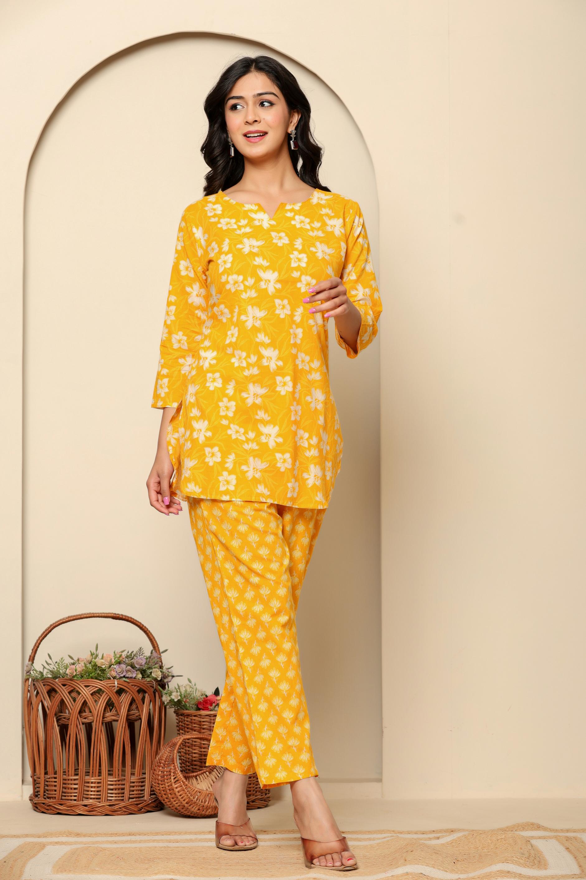Yellow Printed Cotton Co- Ord Set - qivii