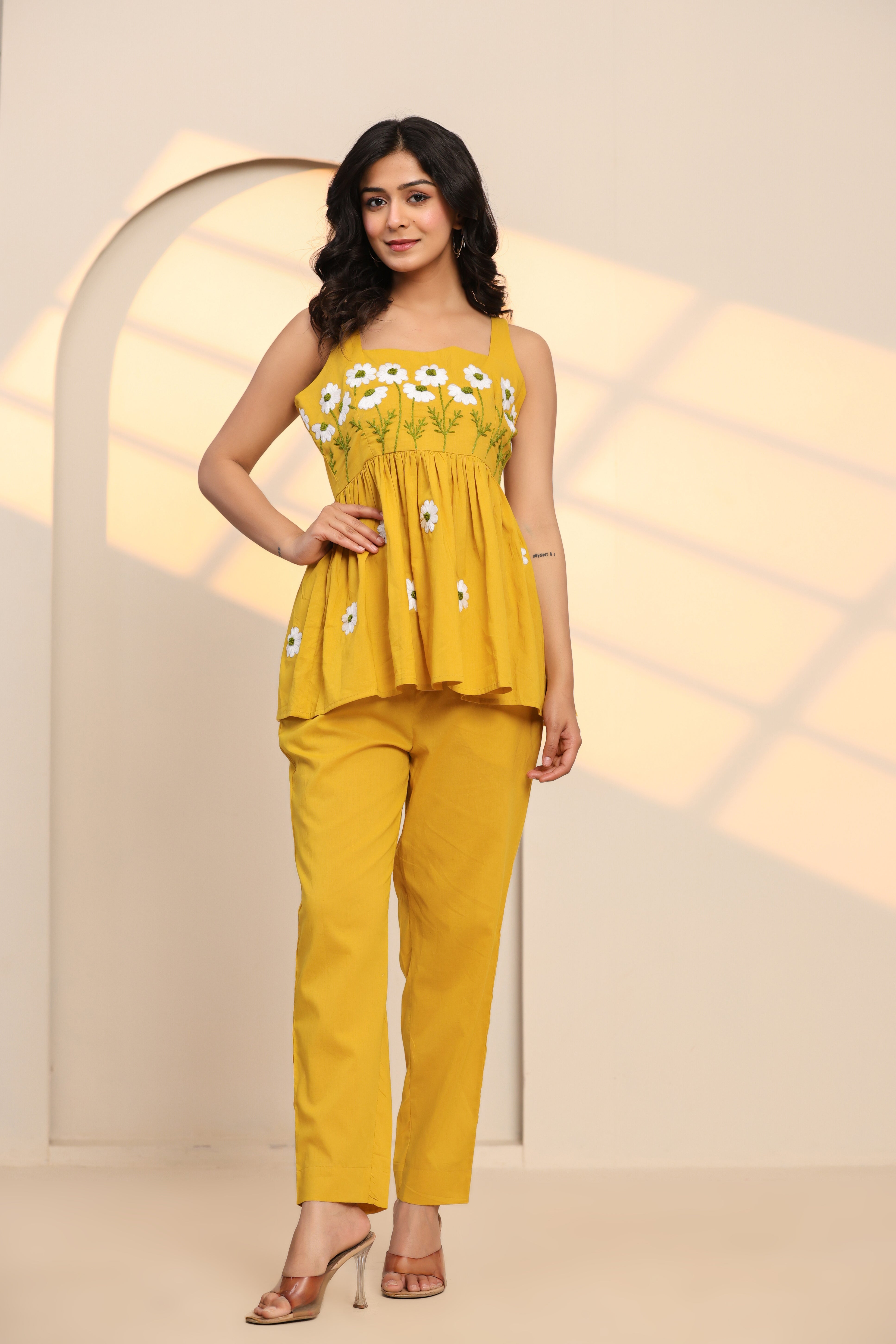 Spicy Mustard Hand Embroidered Cotton Co- Ord Set - By Ragavi - qivii