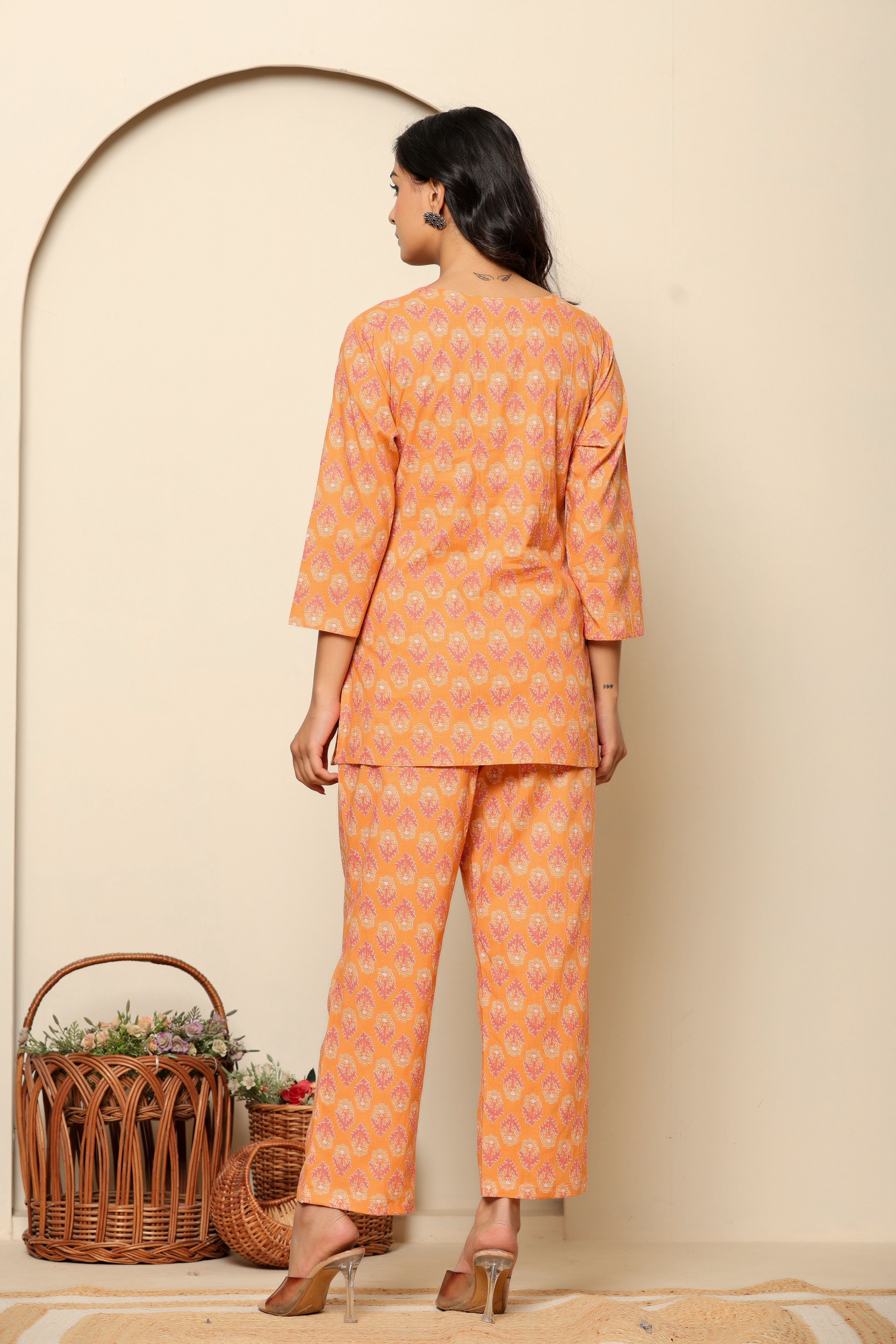 Peach Printed Cotton Co- Ord Set - qivii