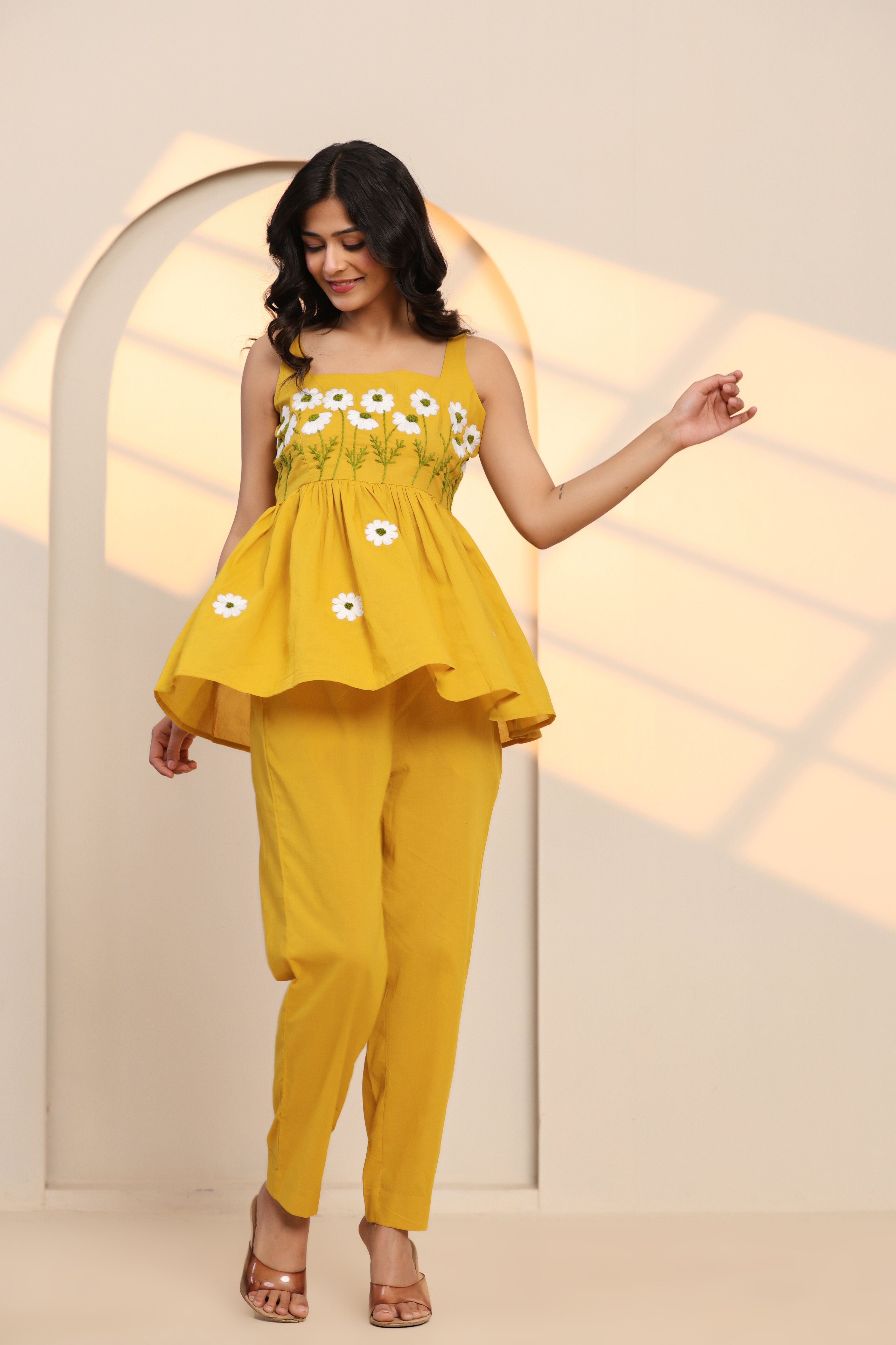 Spicy Mustard Hand Embroidered Cotton Co- Ord Set - By Ragavi - qivii