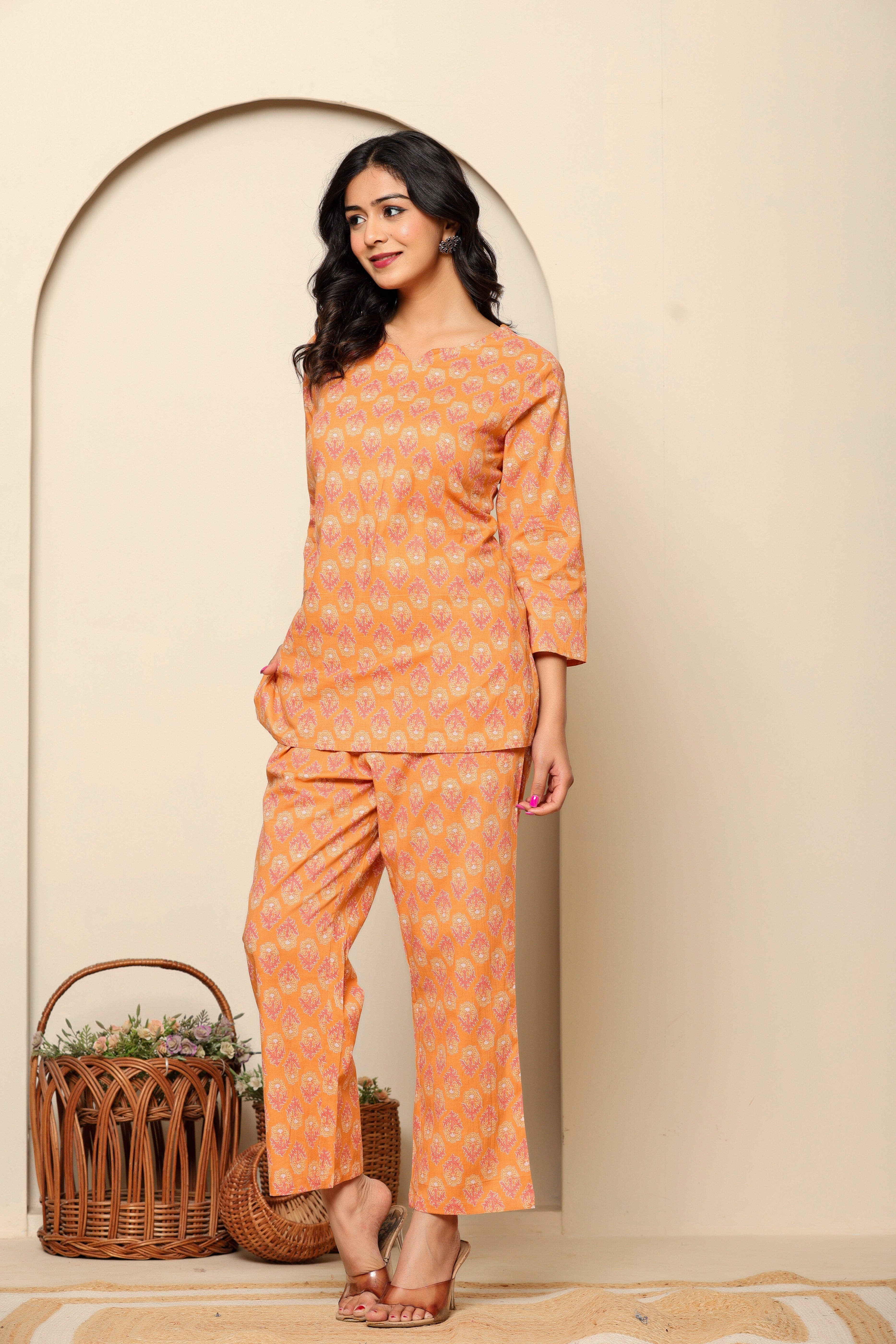 Peach Printed Cotton Co- Ord Set - qivii