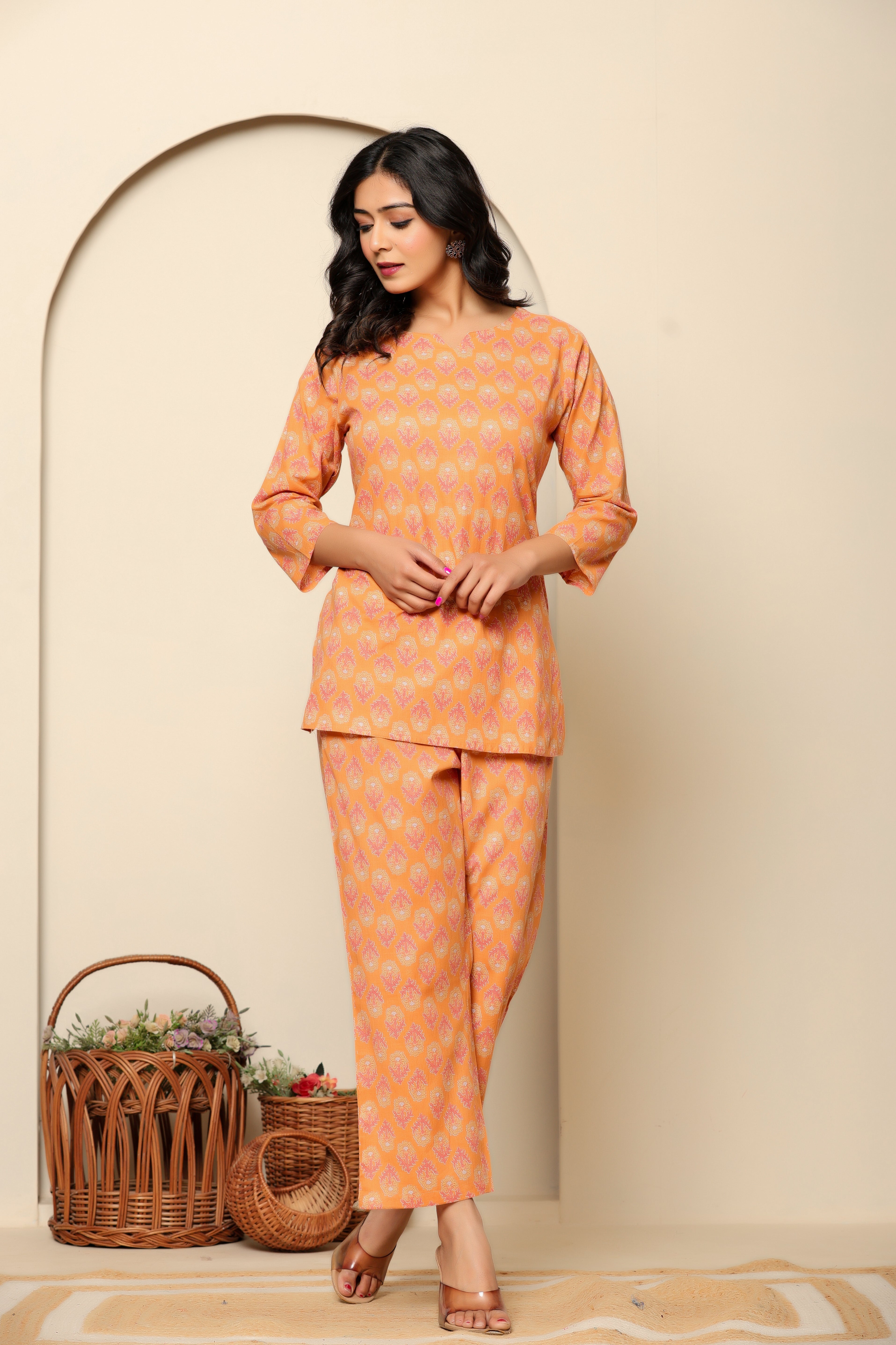 Peach Printed Cotton Co- Ord Set - qivii