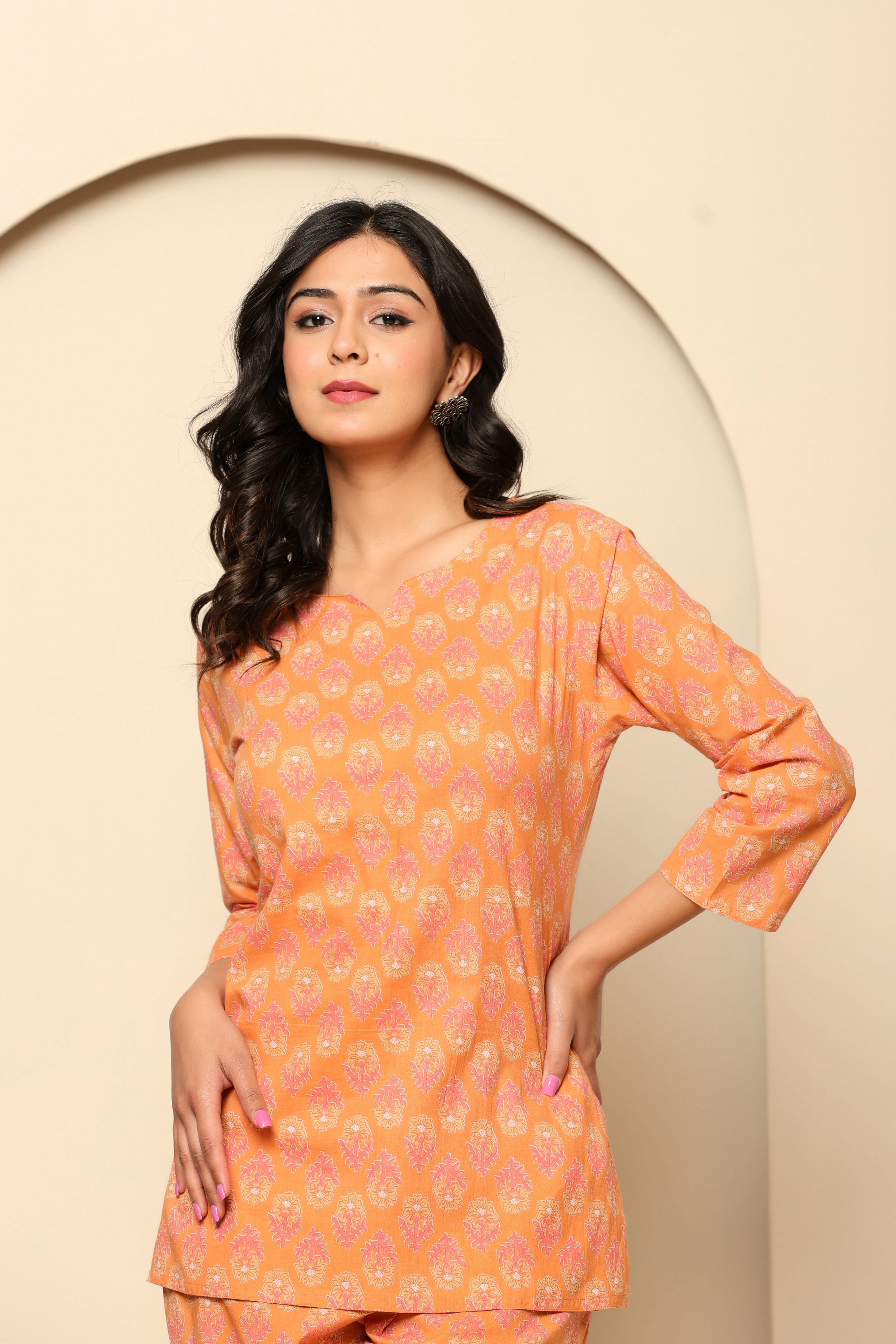 Peach Printed Cotton Co- Ord Set - qivii