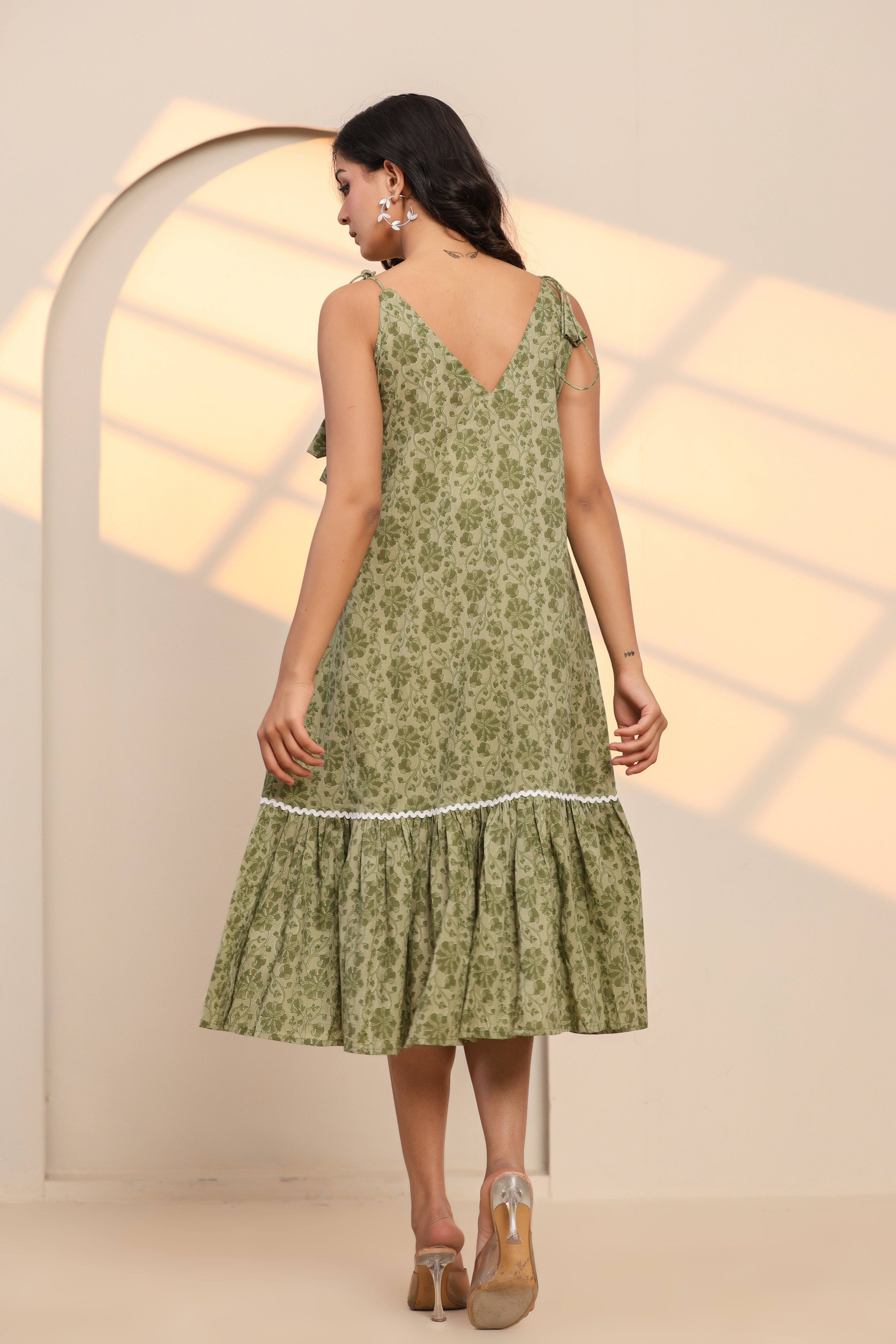 Watercress Green Hand Block Printed Cotton Midi Dress - qivii