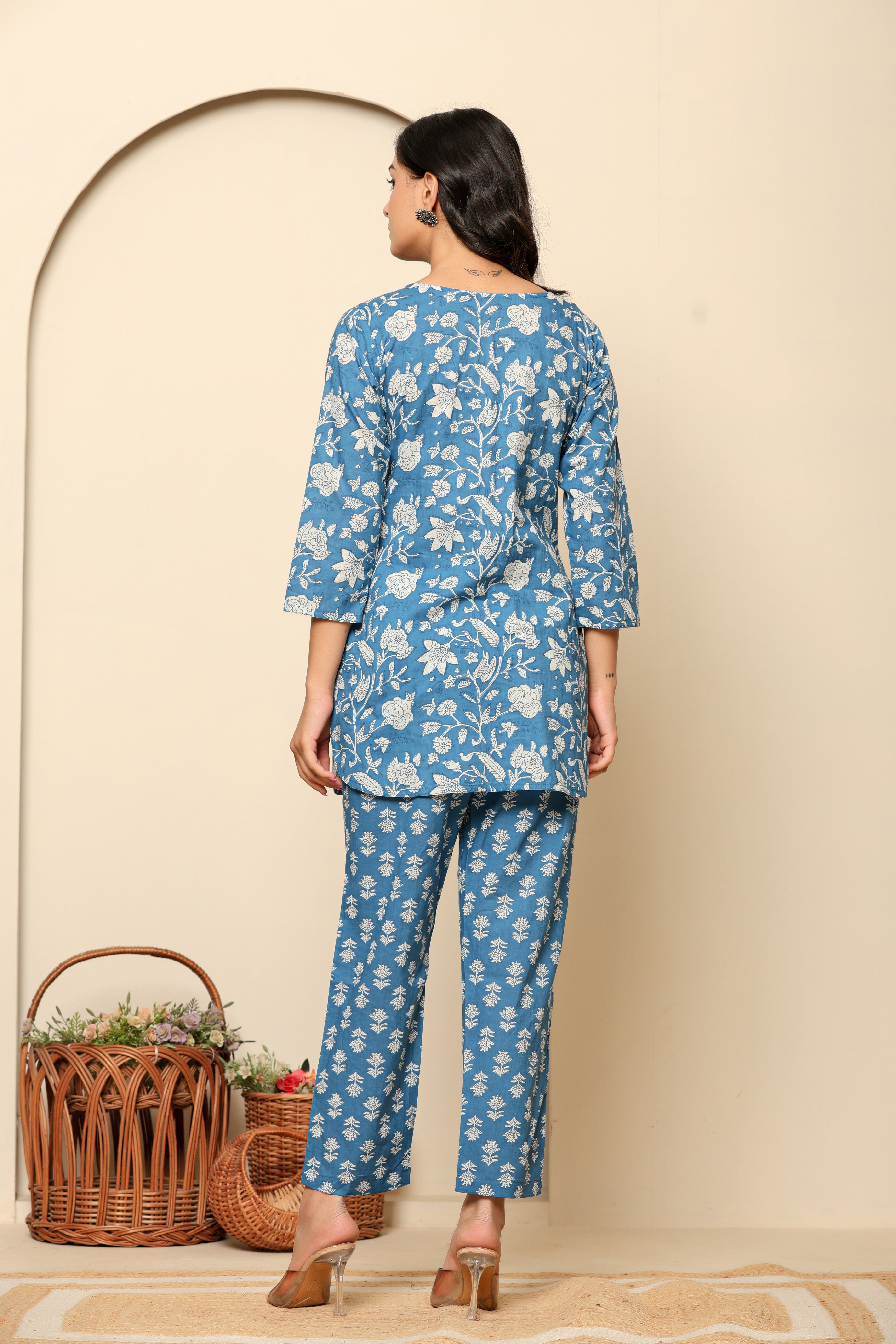 Blue Printed Cotton Coord Set - qivii