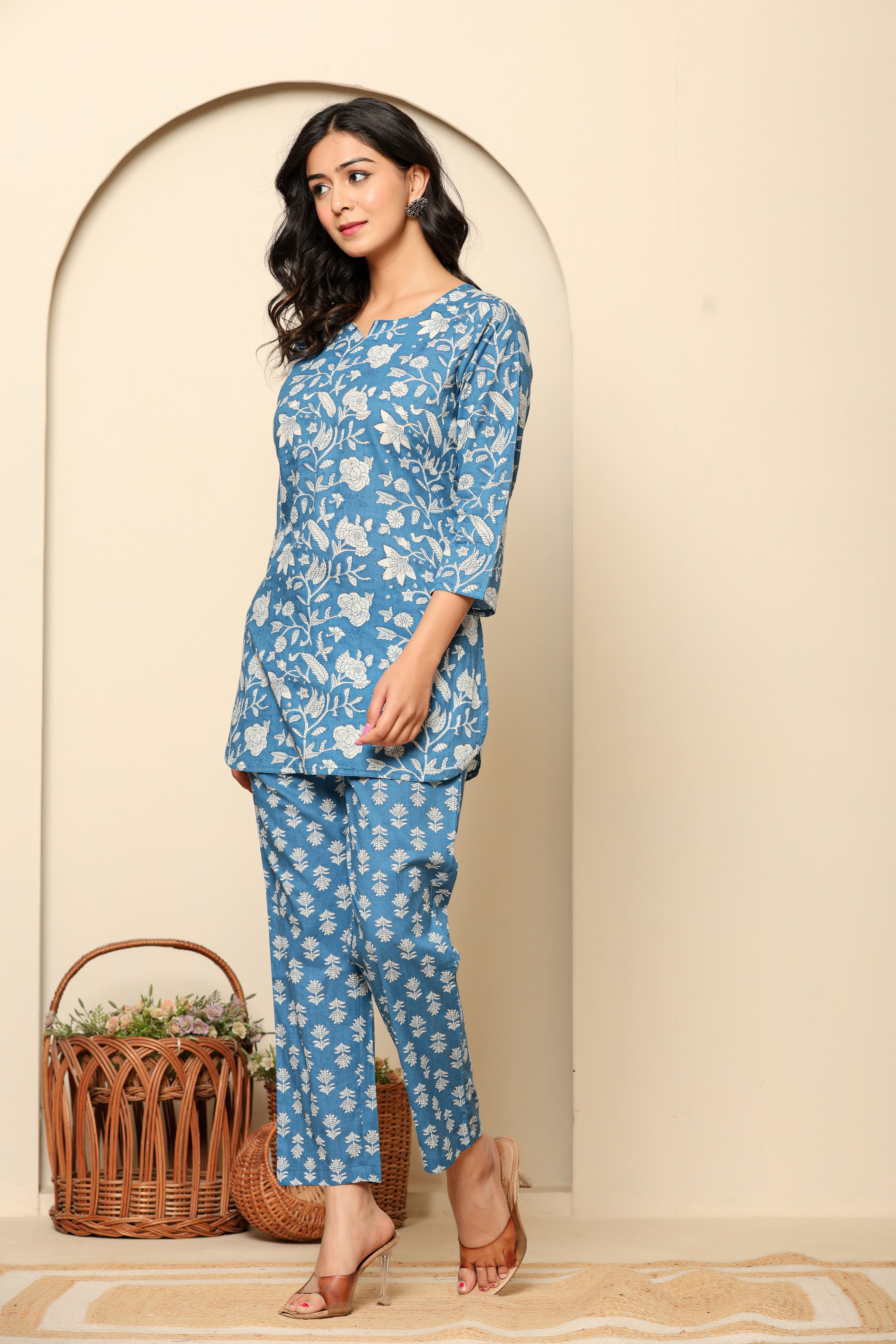Blue Printed Cotton Coord Set - qivii