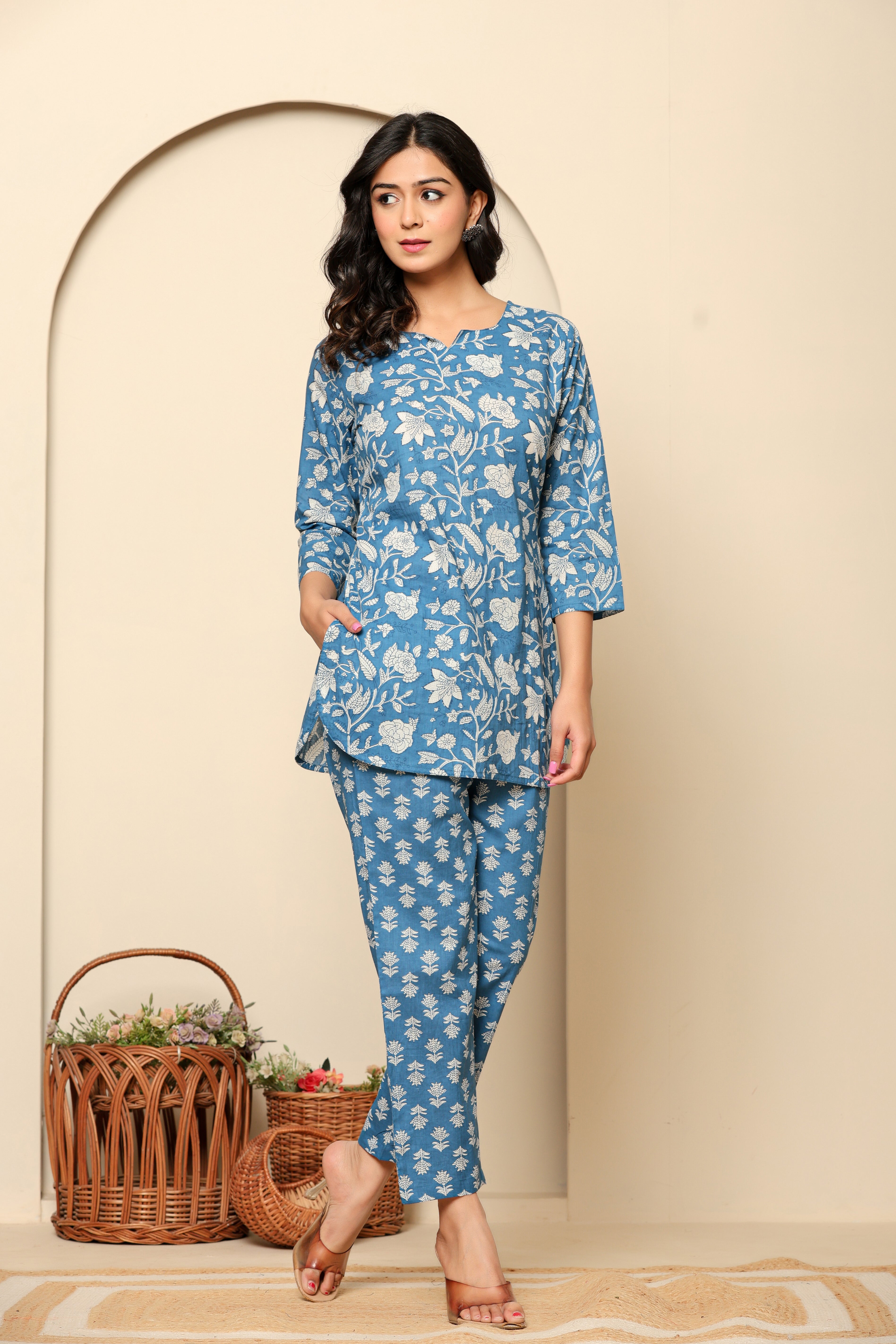 Blue Printed Cotton Coord Set - qivii